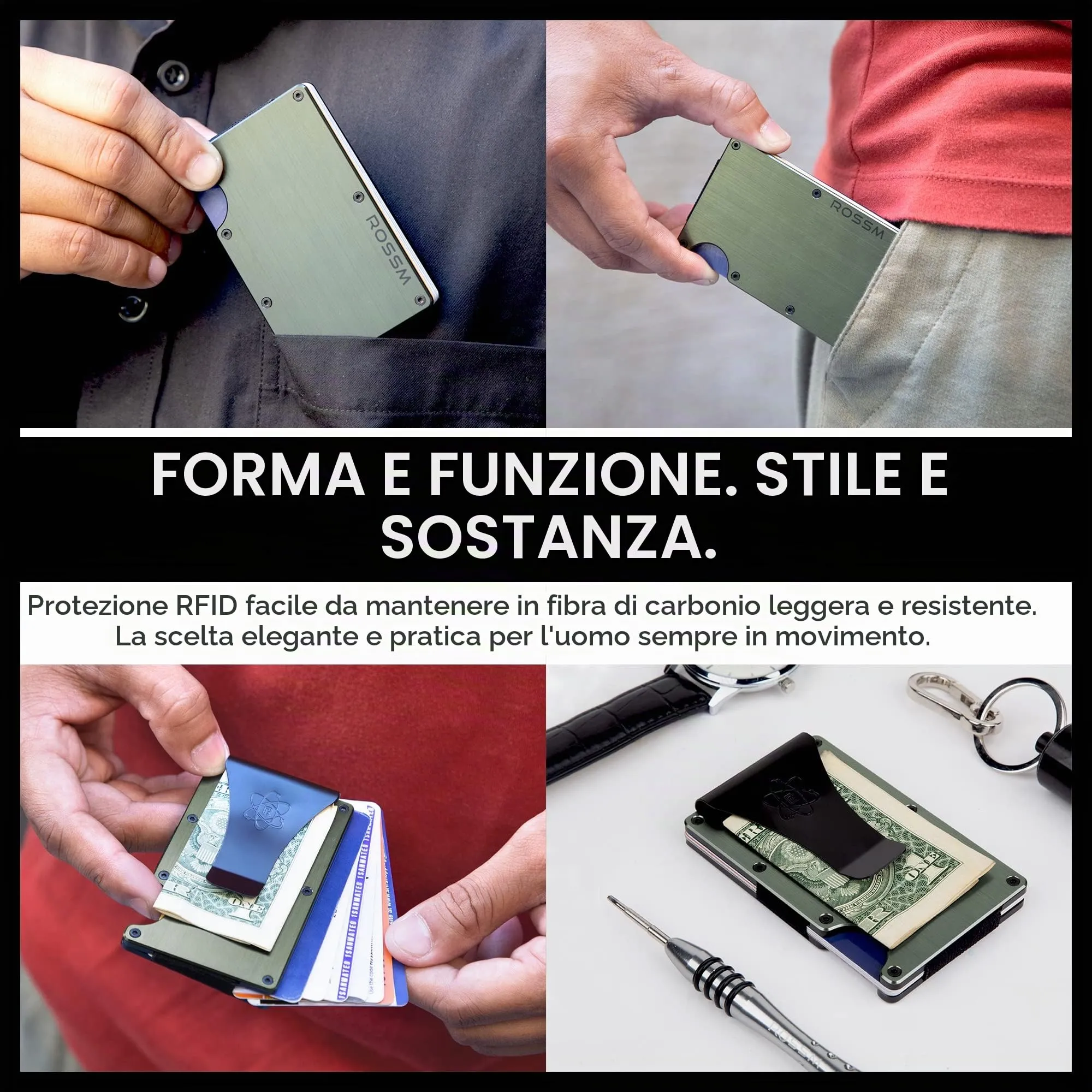 ROSSM Portafoglio Uomo Minimalista in Fibra di Carbonio e Metallo con Blocco RFID, Clip e Elastico per Banconote - immagine 2