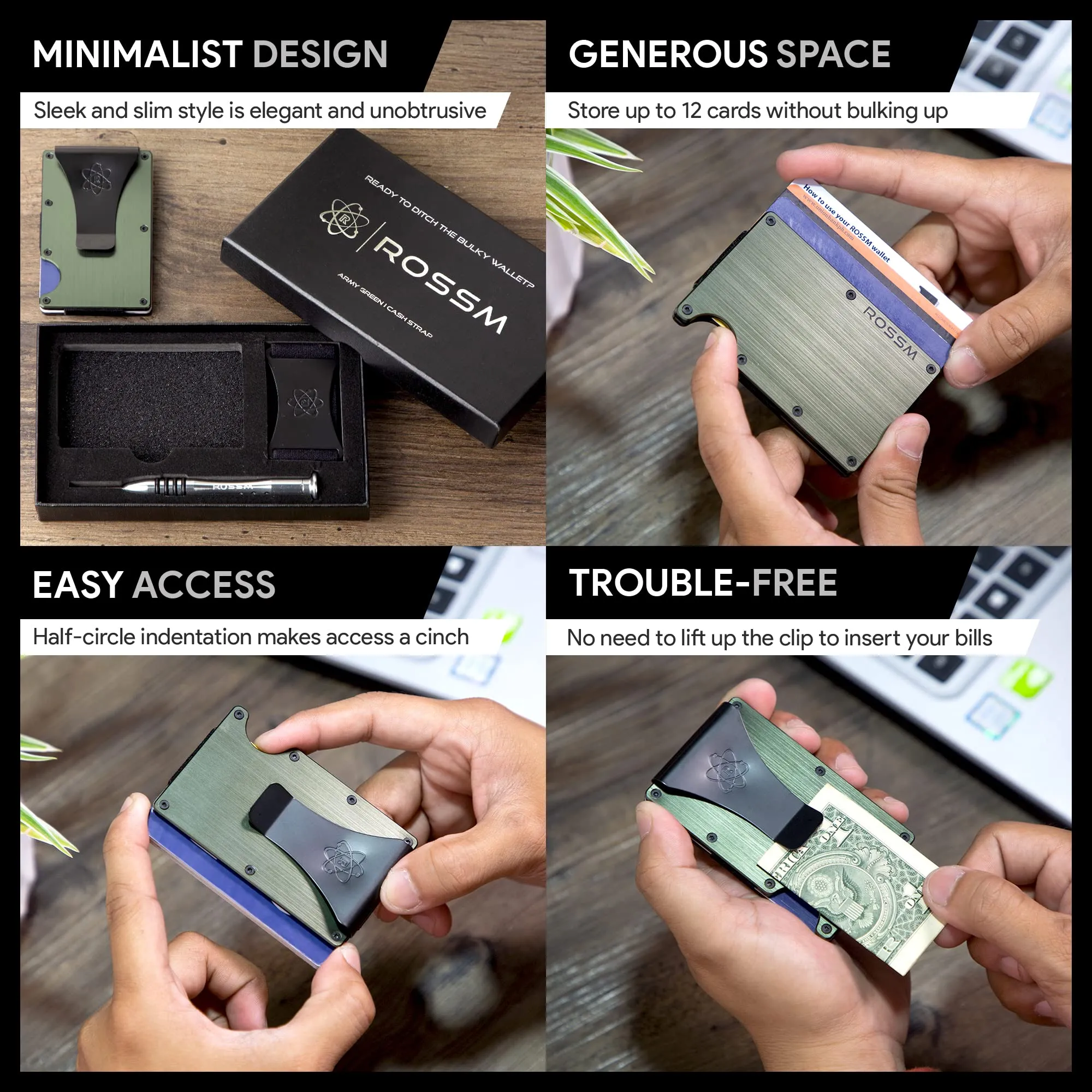 ROSSM Portafoglio Uomo Minimalista in Fibra di Carbonio e Metallo con Blocco RFID, Clip e Elastico per Banconote - immagine 4