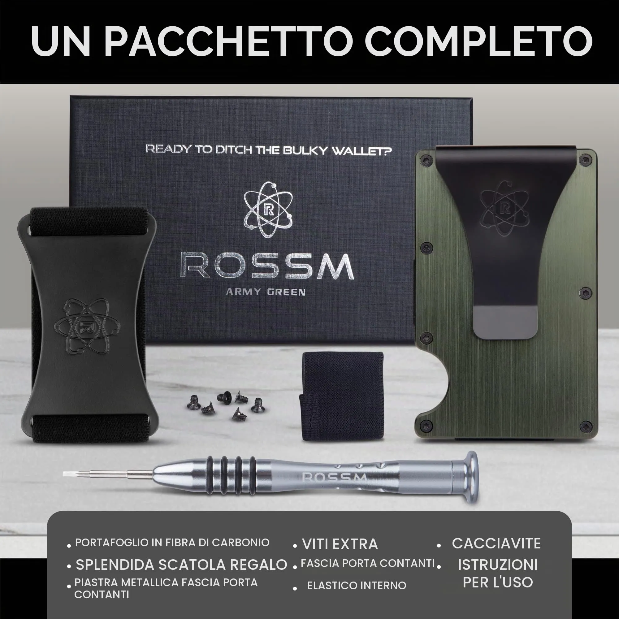 ROSSM Portafoglio Uomo Minimalista in Fibra di Carbonio e Metallo con Blocco RFID, Clip e Elastico per Banconote - immagine 6