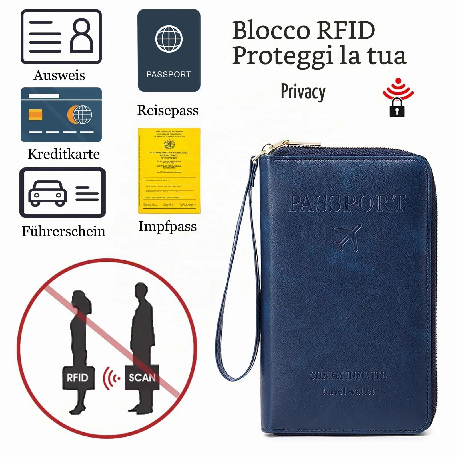Toctax Custodia per passaporto in pelle per uomo e donna, Blu scuro A., 19 x 11.5 x 2 cm, tinta unita - immagine 5