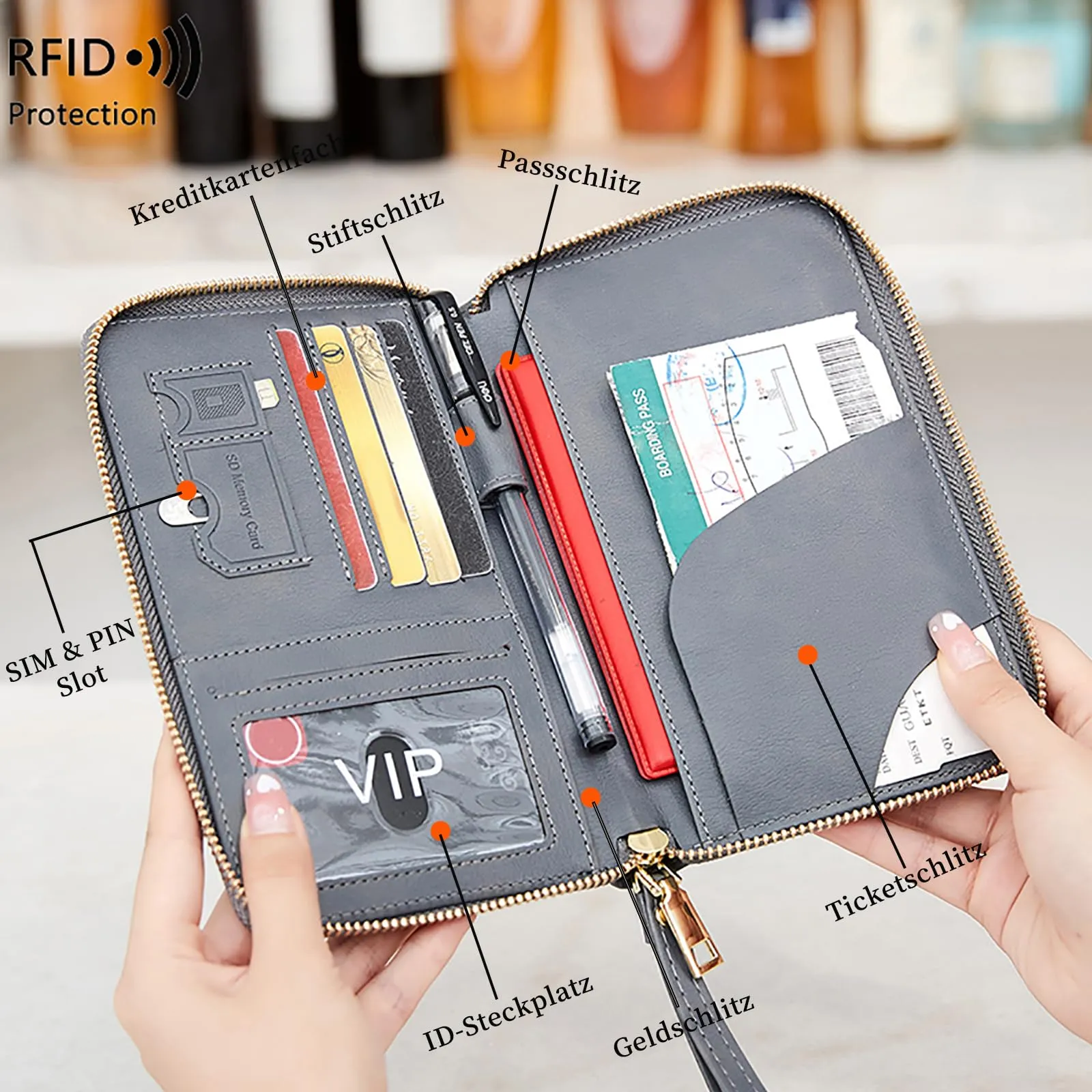 Toctax Custodia per passaporto in pelle con blocco RFID, grigio, 19 x 11.5 x 2 cm - immagine 3