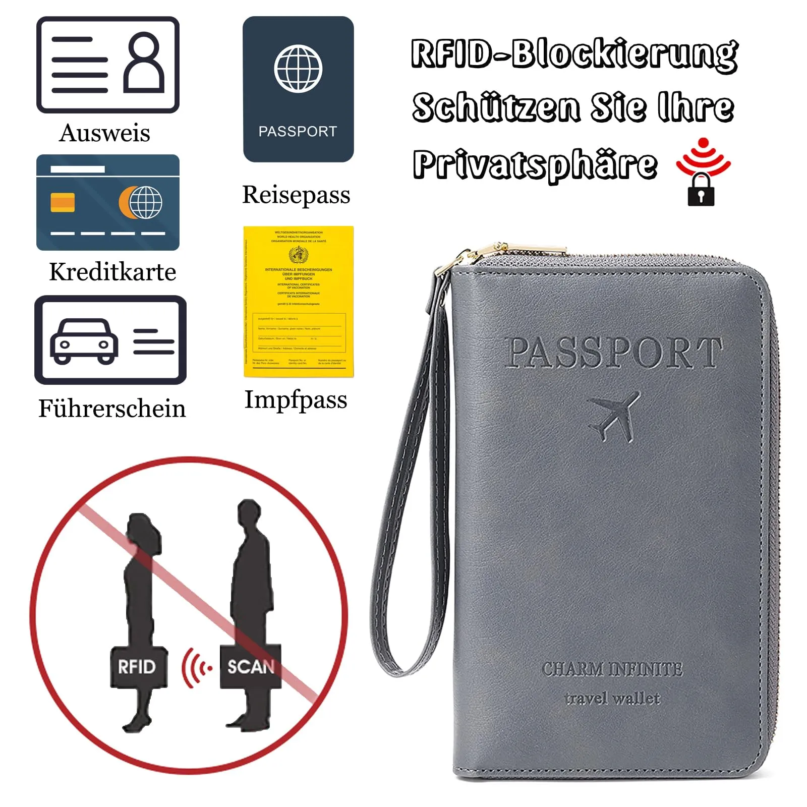 Toctax Custodia per passaporto in pelle con blocco RFID, grigio, 19 x 11.5 x 2 cm - immagine 5