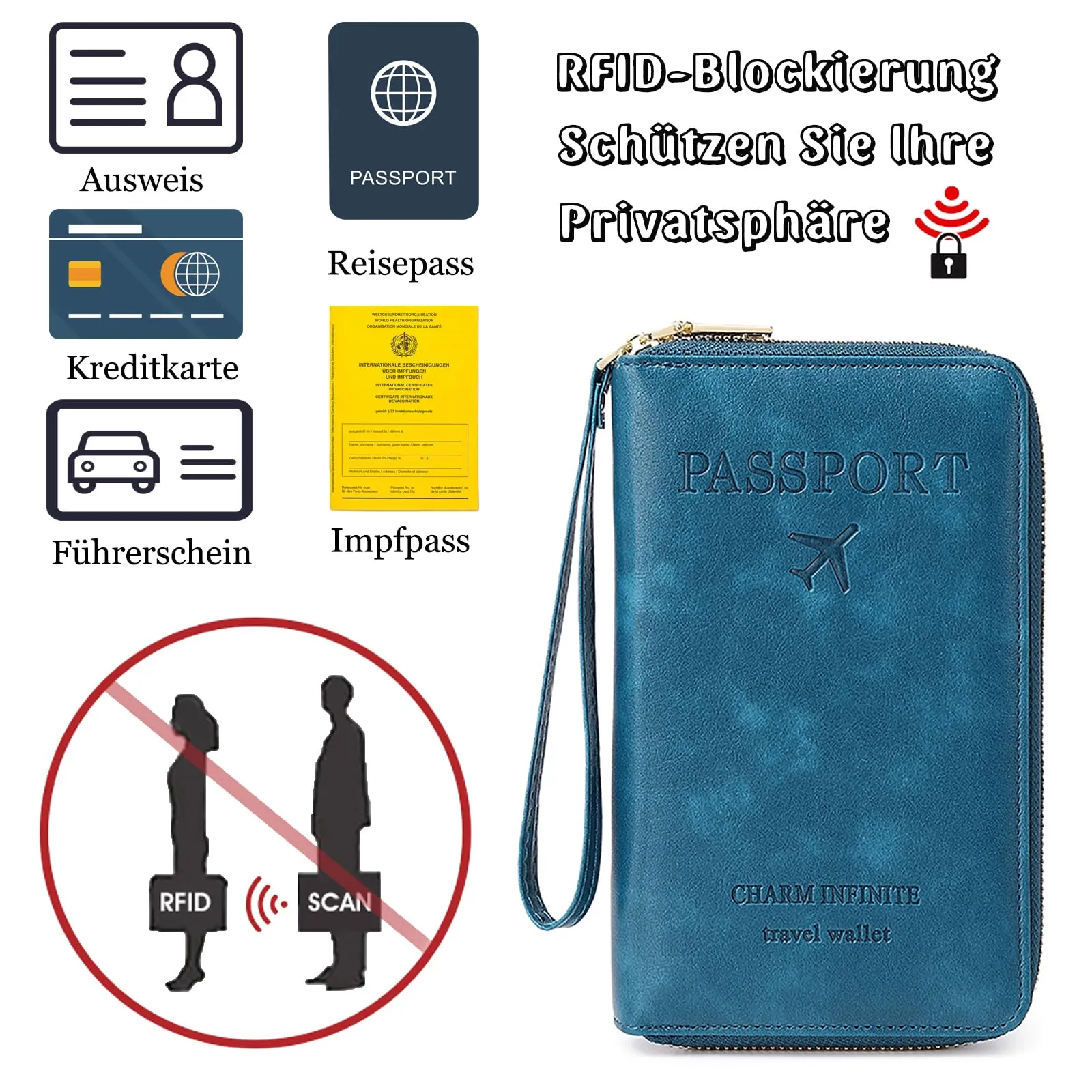 Toctax Custodia per Passaporto in Pelle con Blocco RFID, Blu Scuro B., 19 x 11.5 x 2 cm - immagine 3