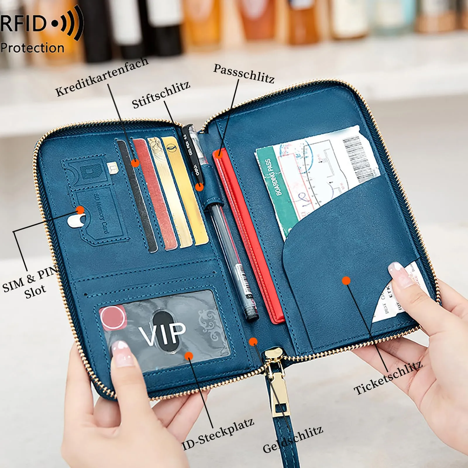 Toctax Custodia per Passaporto in Pelle con Blocco RFID, Blu Scuro B., 19 x 11.5 x 2 cm - immagine 5