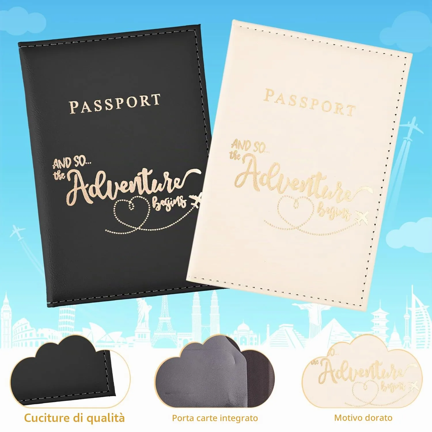 REEKNOKOL Portapassaporto in pelle PU, 2 pezzi (Nero + Bianco) - immagine 7