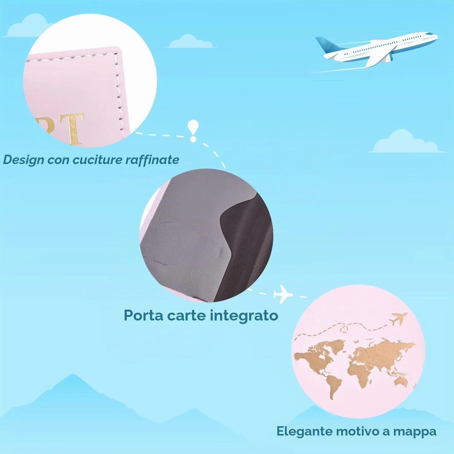 REEKNOKOL Portapassaporto in Pelle PU, Custodia per Passaporto, Carte di Credito e Biglietti, Rosa - immagine 2