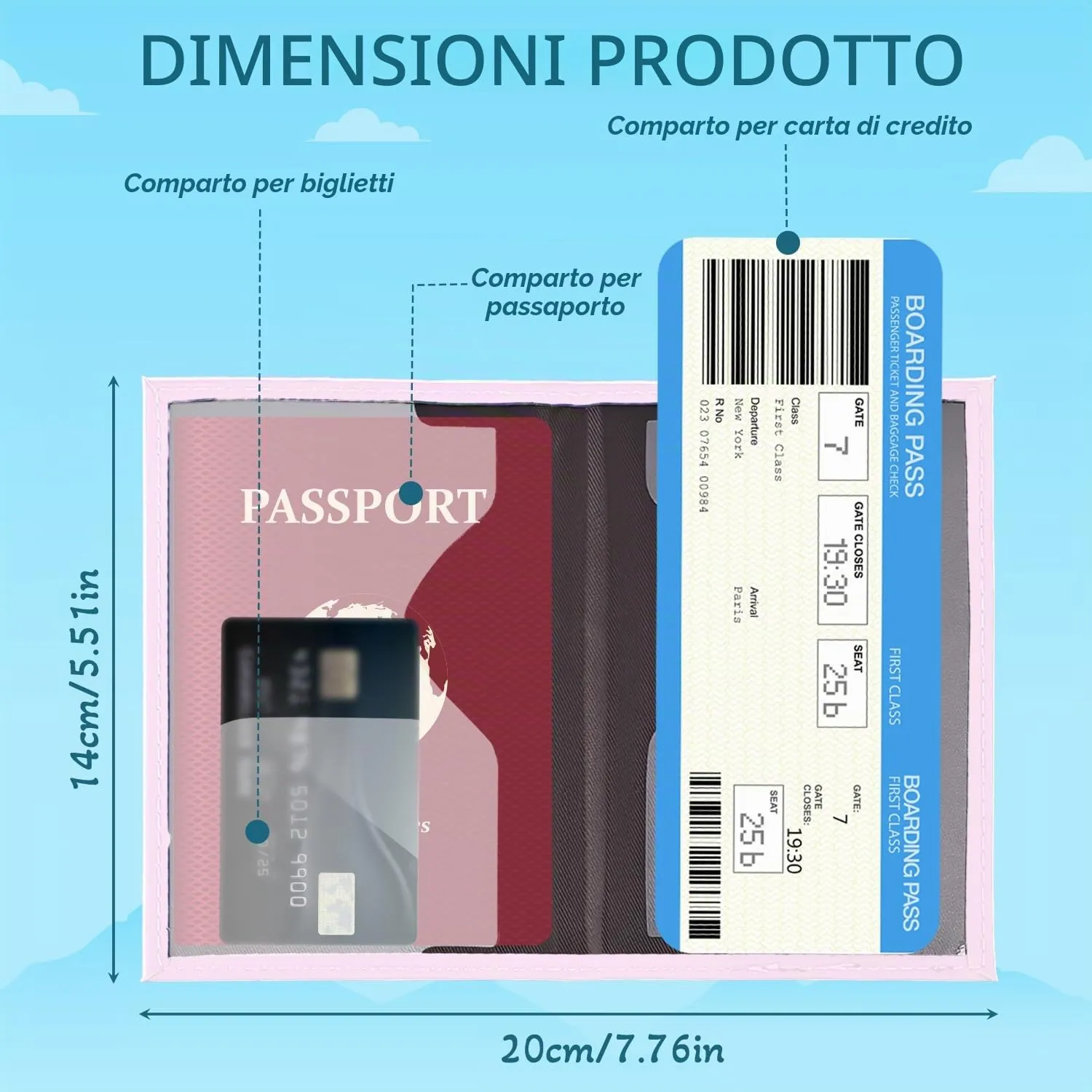 REEKNOKOL Portapassaporto in Pelle PU, Custodia per Passaporto, Carte di Credito e Biglietti, Rosa - immagine 3