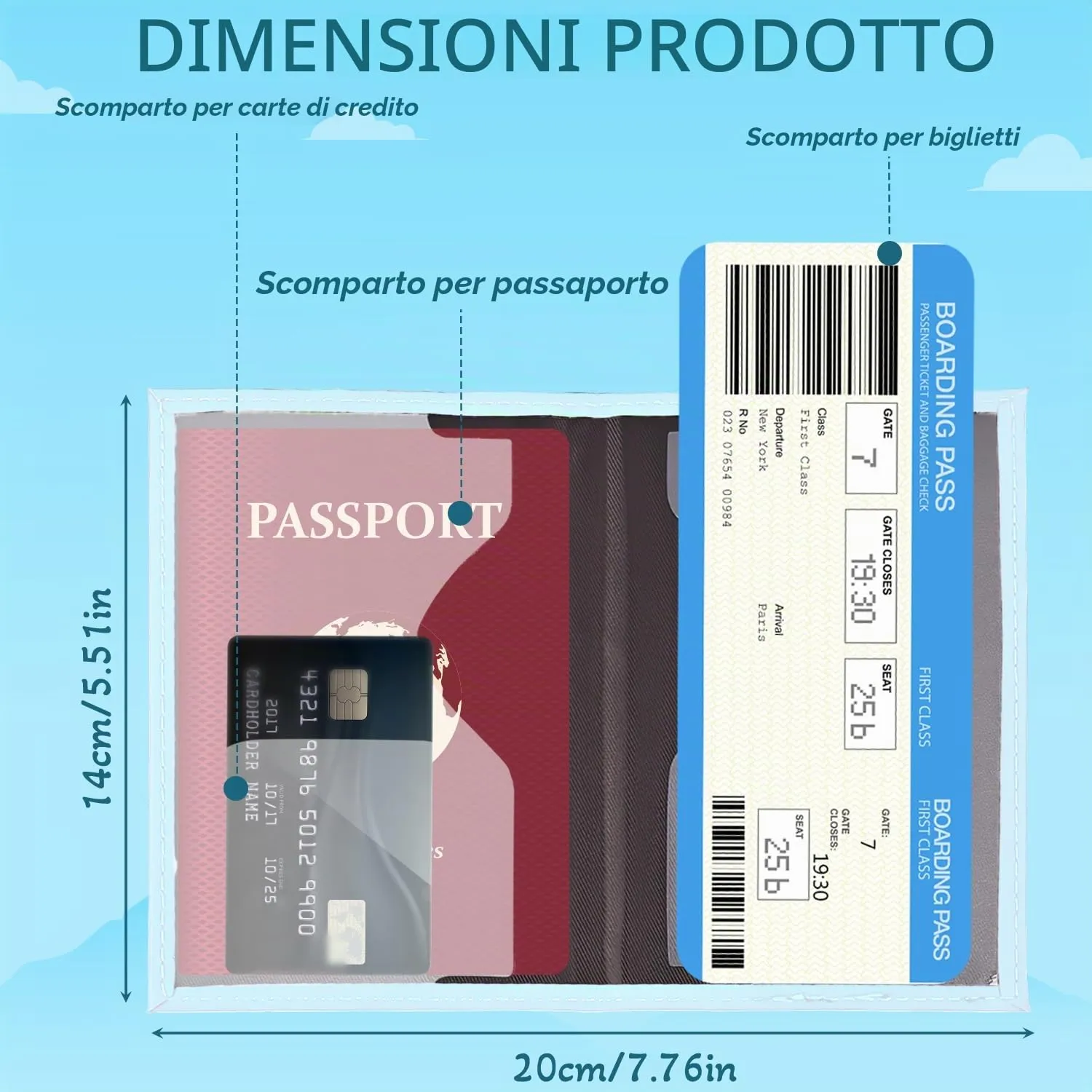 REEKNOKOL Portapassaporto in Pelle PU per Passaporto, Carte di Credito e Biglietti (Blu) - immagine 3