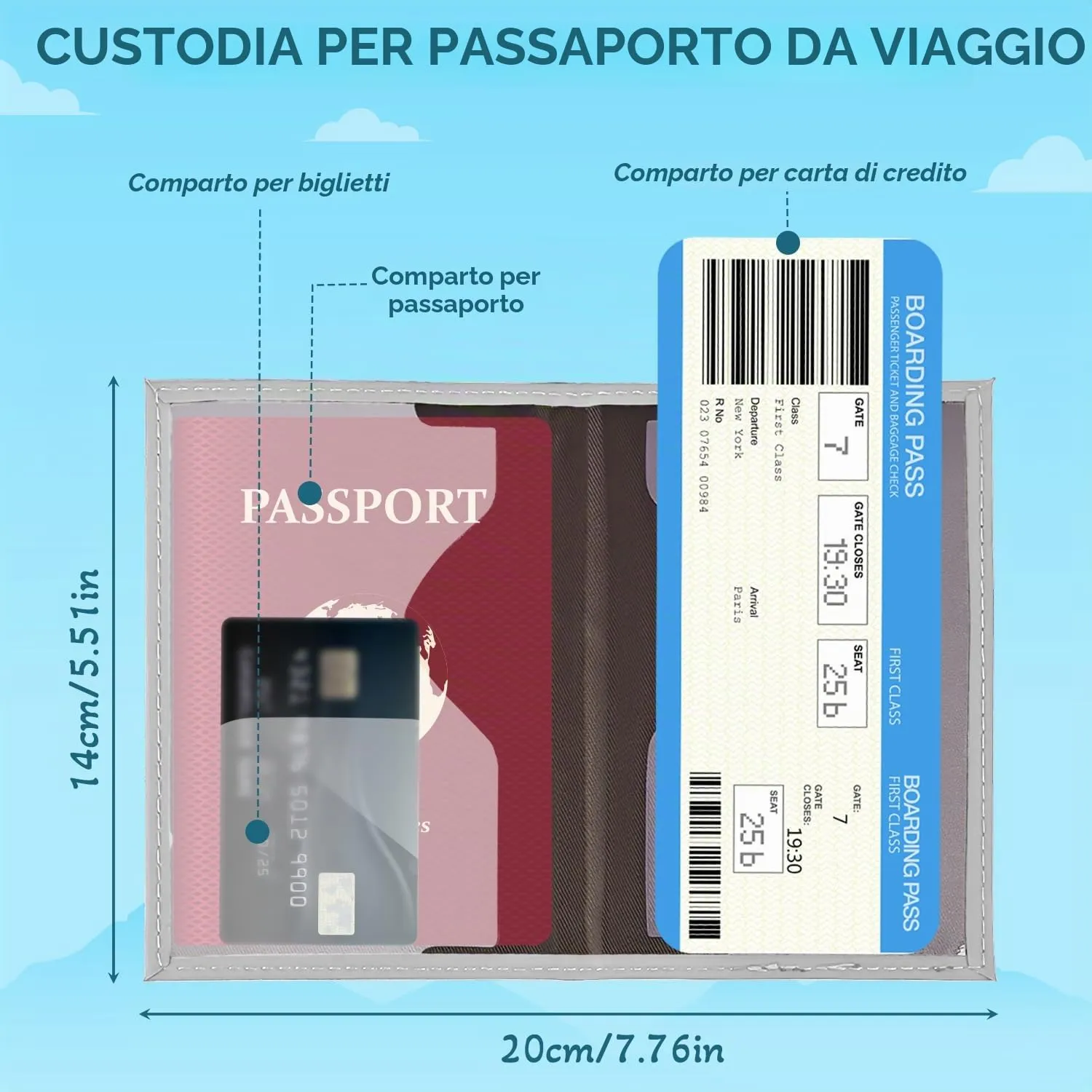 REEKNOKOL Portapassaporto in pelle PU per passaporto, carte di credito e biglietti (Grigio) - immagine 2