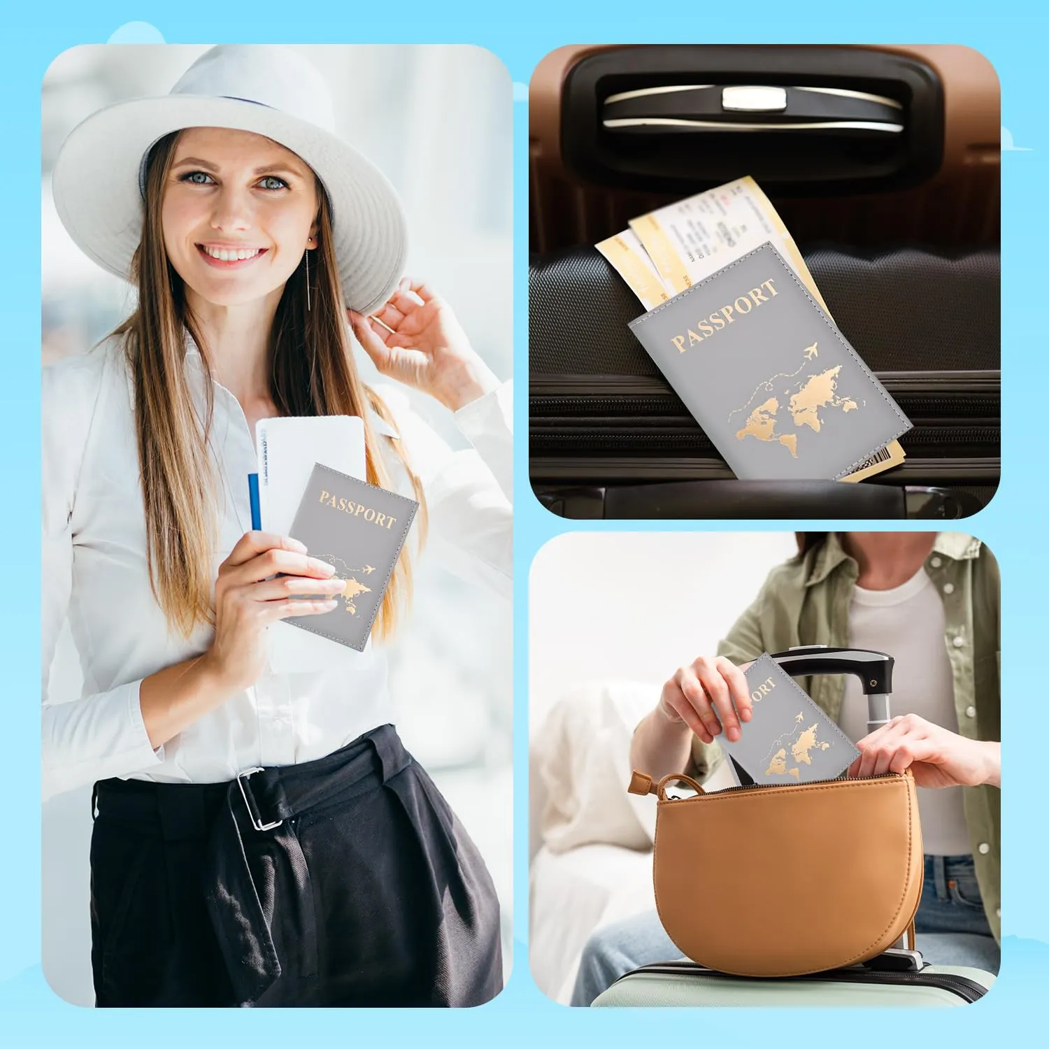 REEKNOKOL Portapassaporto in pelle PU per passaporto, carte di credito e biglietti (Grigio) - immagine 4