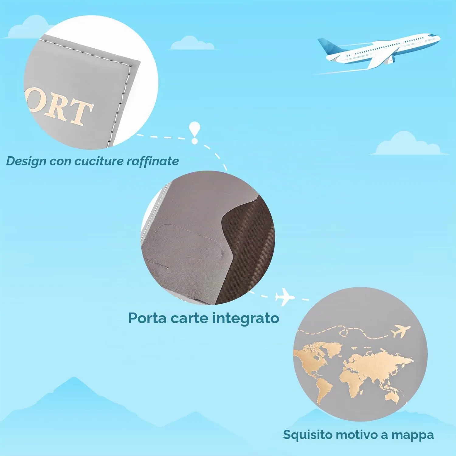 REEKNOKOL Portapassaporto in pelle PU per passaporto, carte di credito e biglietti (Grigio) - immagine 6