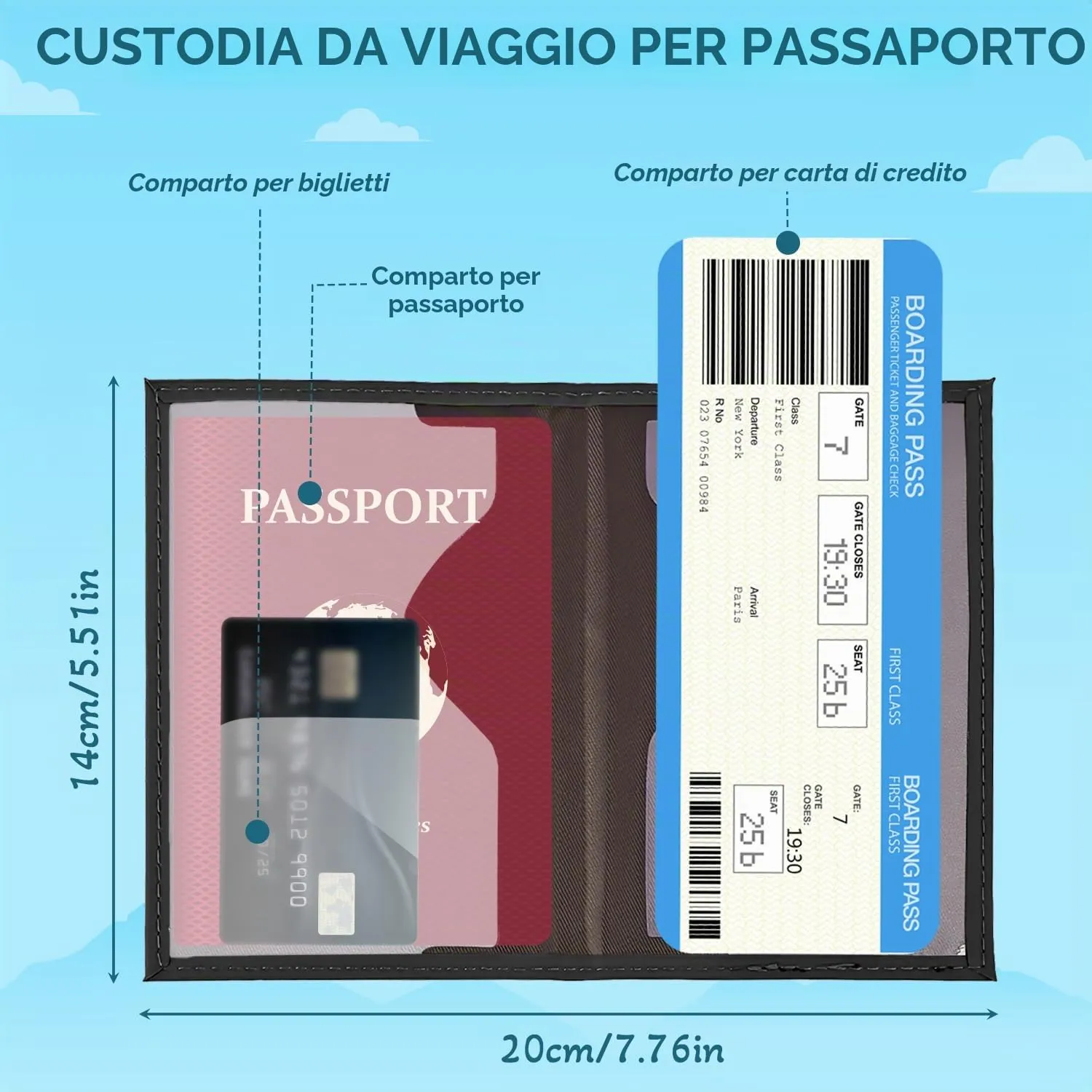 REEKNOKOL Portapassaporto in Pelle PU per Passaporto, Carte di Credito e Biglietti (Nero) - immagine 2
