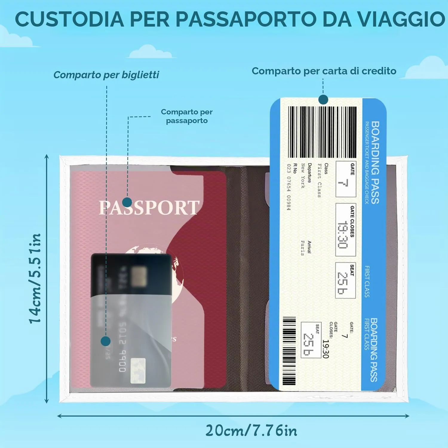 REEKNOKOL Portapassaporto in Pelle PU per Passaporto, Carte di Credito e Biglietti (Bianco) - immagine 2
