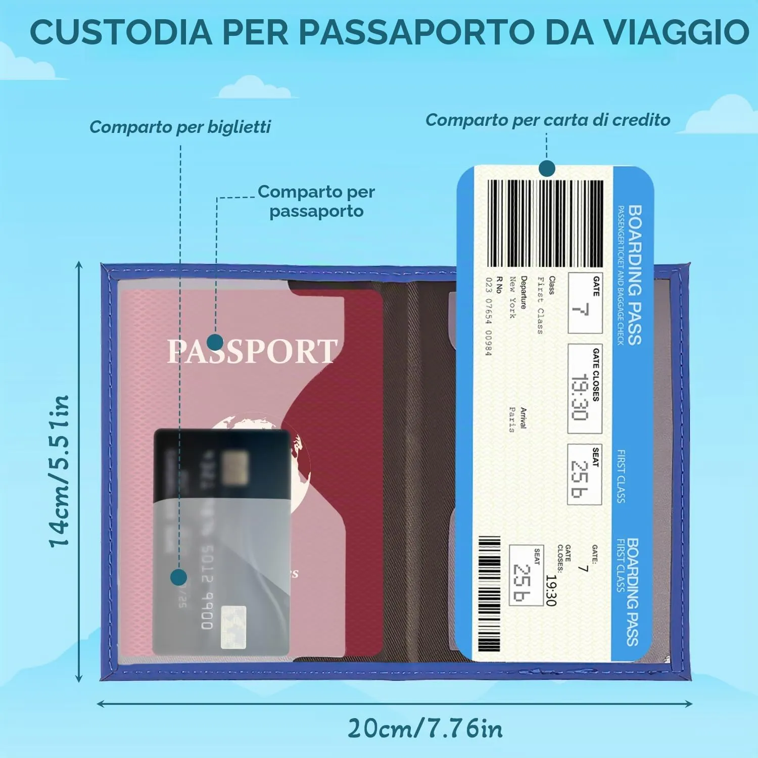 REEKNOKOL Portapassaporto in Pelle PU per Passaporto, Carte di Credito e Biglietti - Blu Scuro - immagine 2