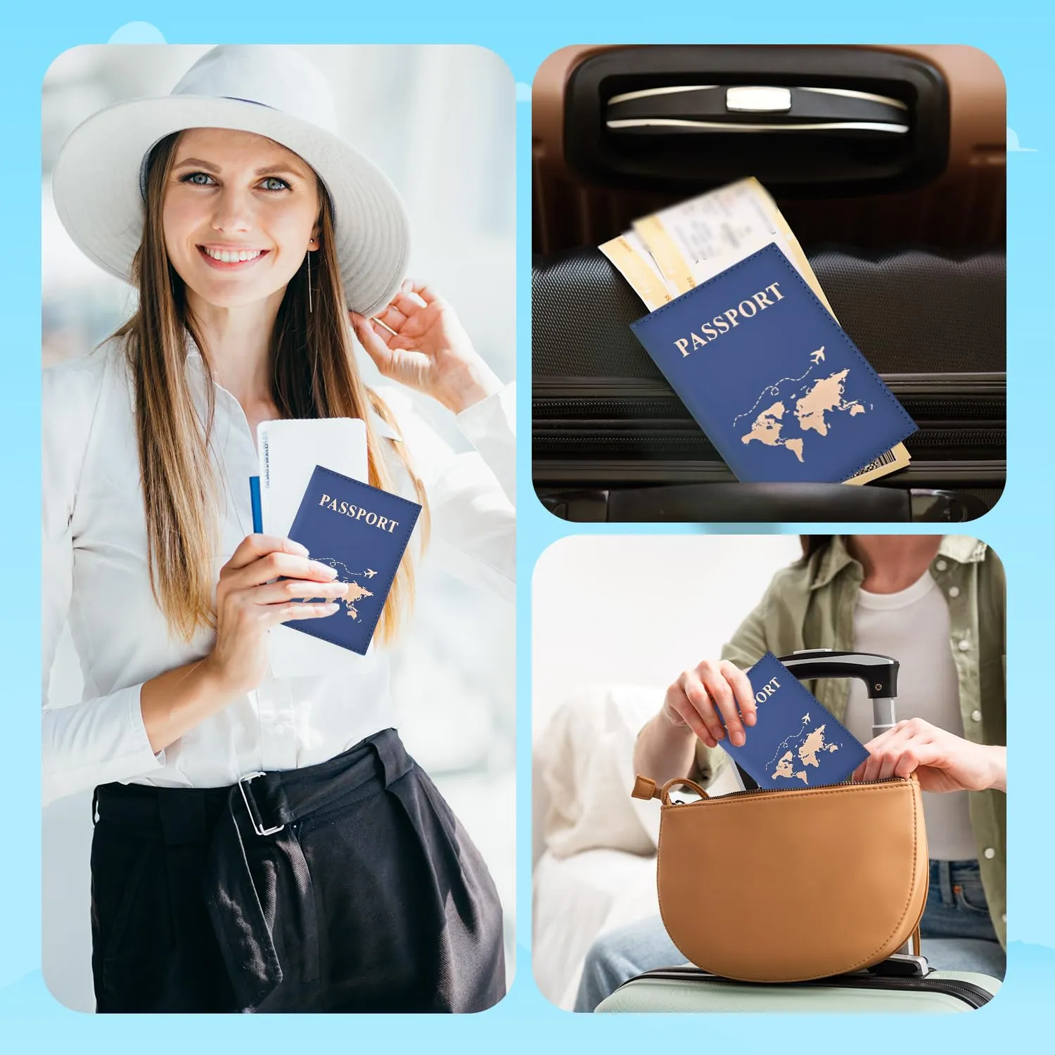 REEKNOKOL Portapassaporto in Pelle PU per Passaporto, Carte di Credito e Biglietti - Blu Scuro - immagine 4