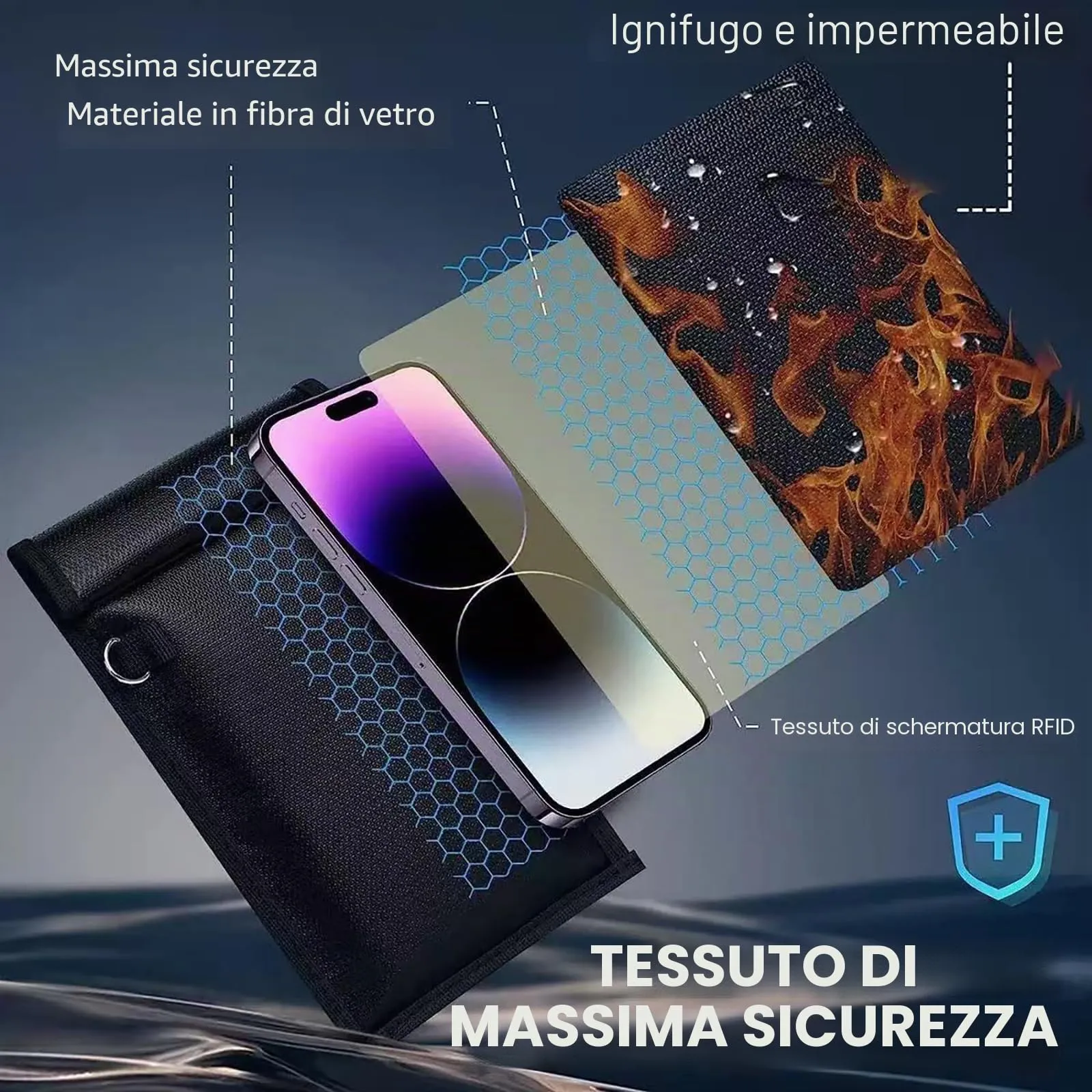 ELLENNE Borsa Faraday Schermata RFID, GPS, WiFi, 5G, Ignifuga, Large (33 x 26 cm) - immagine 4