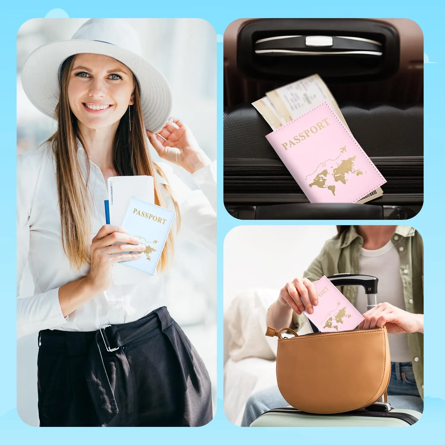 REEKNOKOL Porta Passaporto in Pelle PU, Portafoglio da Viaggio per Documenti, Carte di Credito e Biglietti (2 Pezzi, Blu+Rosa) - immagine 6