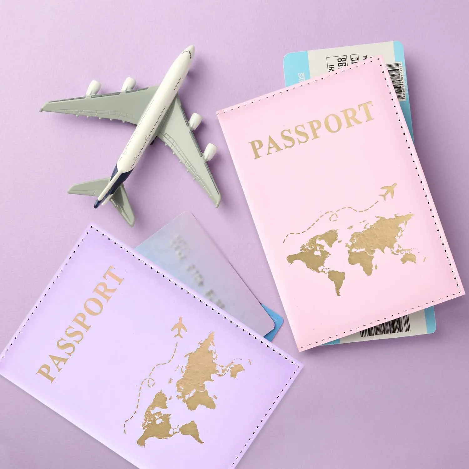 REEKNOKOL Porta Passaporto in Pelle PU, Set da 2 Pezzi per Carte di Credito e Biglietti (Viola+Rosa) - immagine 5