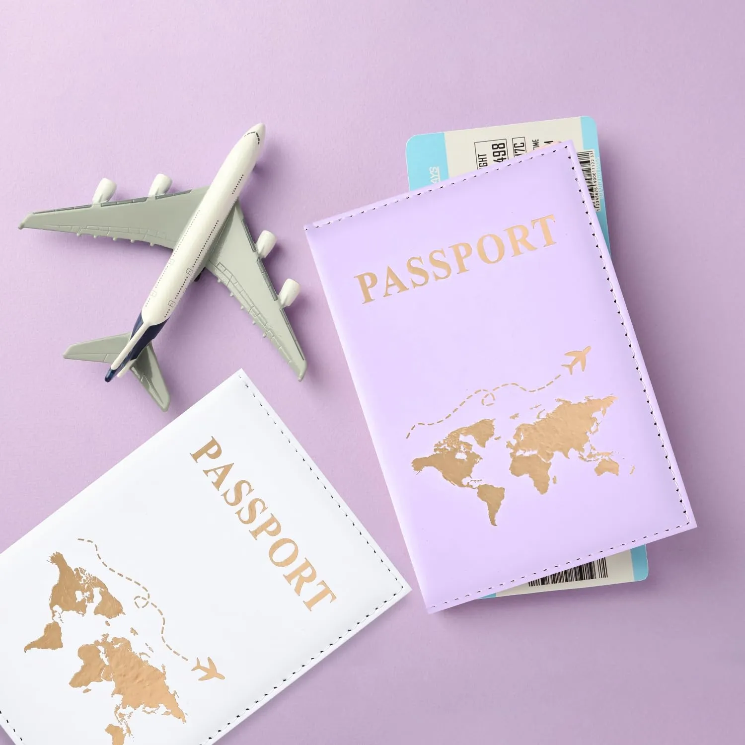 REEKNOKOL Set di 2 Porta Passaporto in Pelle PU, Custodia Protettiva per Documenti di Viaggio, Carte di Credito e Carte d'Imbarco (Viola+Bianco) - immagine 2