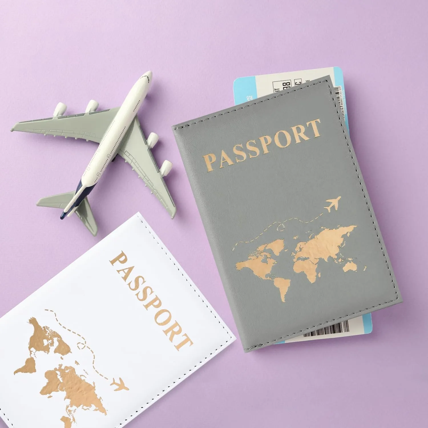 REEKNOKOL Set di 2 Porta Passaporto in Pelle PU, Grigio e Bianco - immagine 2