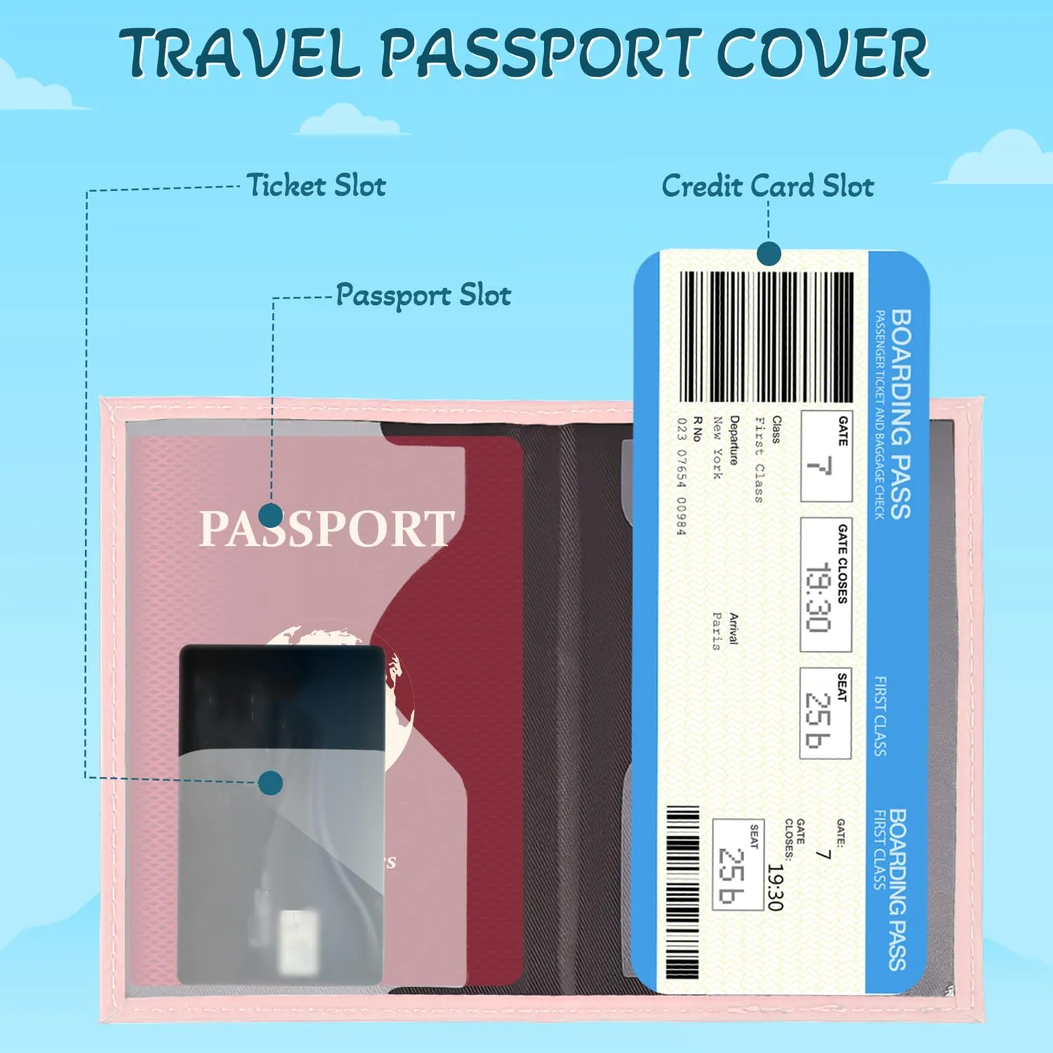 REEKNOKOL Portapassaporti in PU, porta documenti di viaggio per passaporti, carte di credito e biglietti, azzurro chiaro + rosa - immagine 3