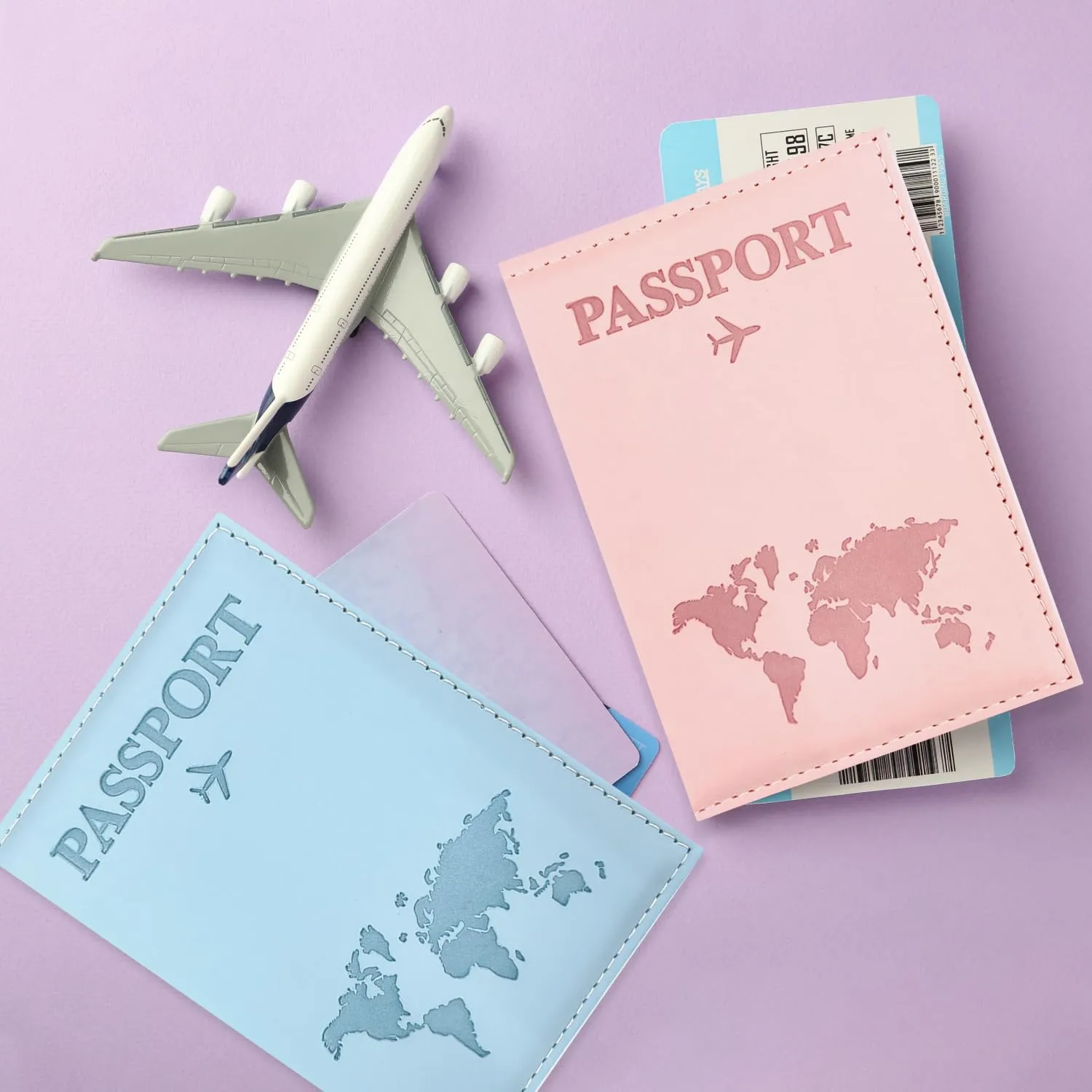 REEKNOKOL Portapassaporti in PU, porta documenti di viaggio per passaporti, carte di credito e biglietti, azzurro chiaro + rosa - immagine 5