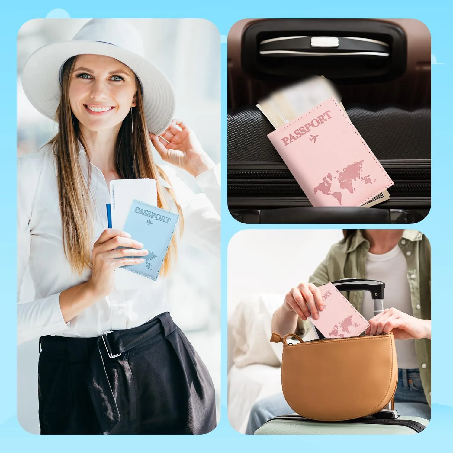 REEKNOKOL Portapassaporti in PU, porta documenti di viaggio per passaporti, carte di credito e biglietti, azzurro chiaro + rosa - immagine 6