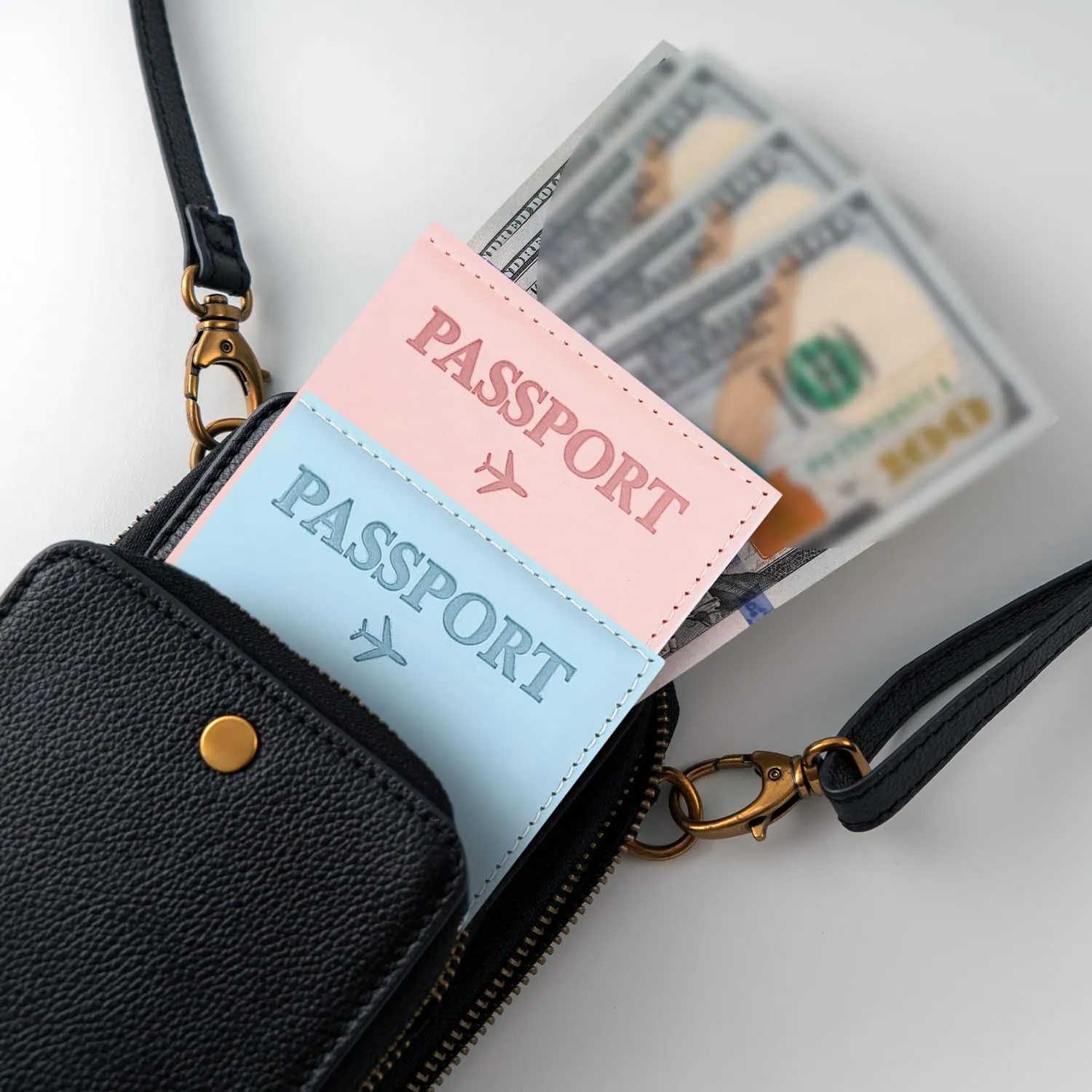 REEKNOKOL Portapassaporti in PU, porta documenti di viaggio per passaporti, carte di credito e biglietti, azzurro chiaro + rosa - immagine 7