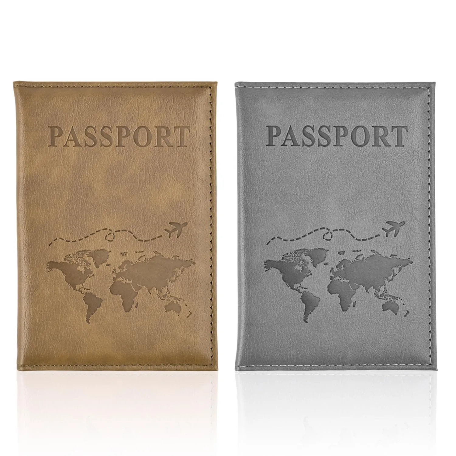 REEKNOKOL Porta Passaporto in Pelle PU, Set da 2 Pezzi per Documenti, Carte di Credito e Carte d'Imbarco (Grigio + Marrone Chiaro) - immagine 1
