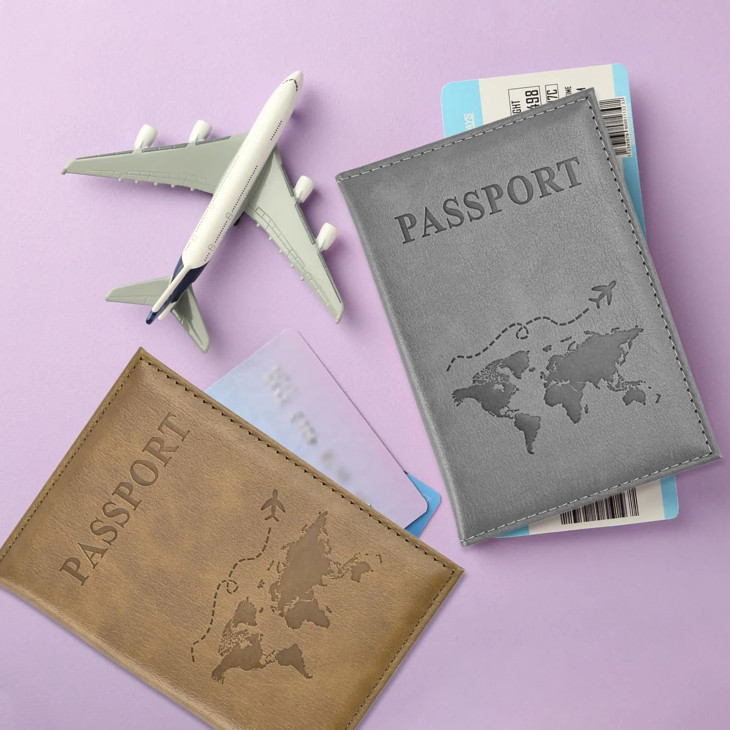 REEKNOKOL Porta Passaporto in Pelle PU, Set da 2 Pezzi per Documenti, Carte di Credito e Carte d'Imbarco (Grigio + Marrone Chiaro) - immagine 5