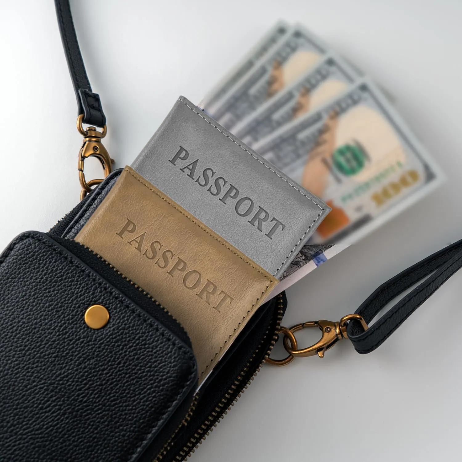 REEKNOKOL Porta Passaporto in Pelle PU, Set da 2 Pezzi per Documenti, Carte di Credito e Carte d'Imbarco (Grigio + Marrone Chiaro) - immagine 7