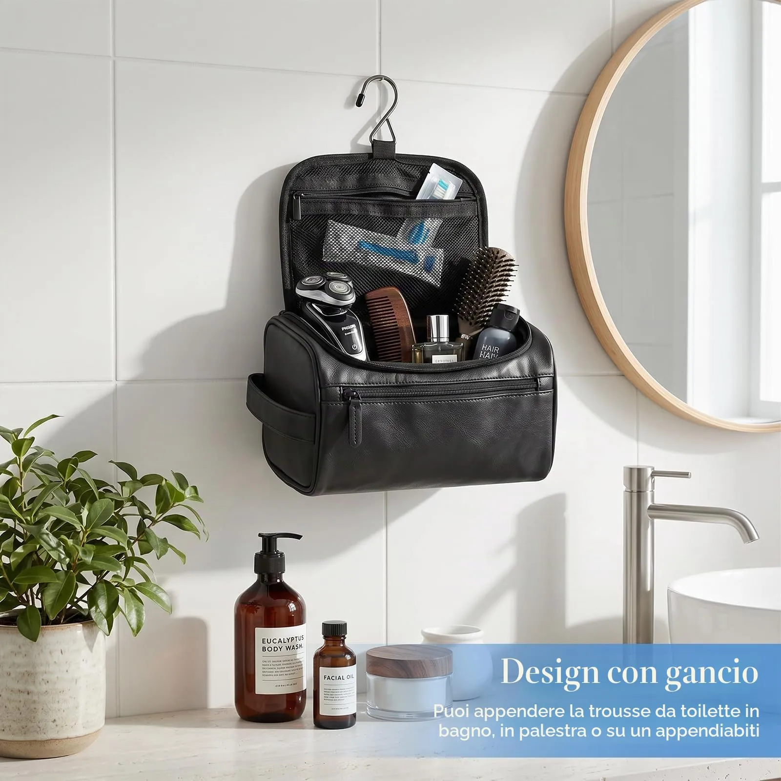 Zocipro Beauty Case Uomo in Pelle PU con Gancio e Manico, Nero - immagine 6