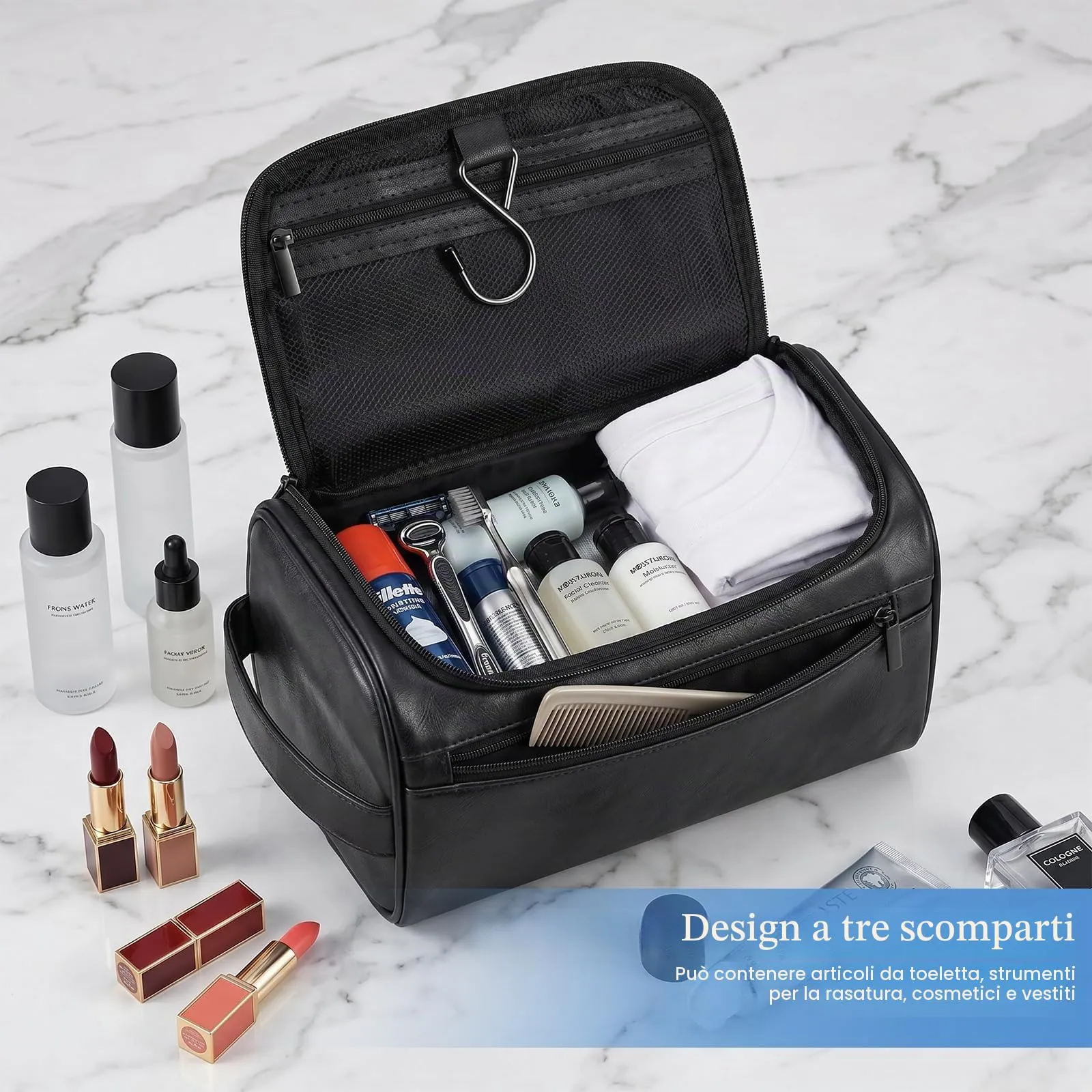 Zocipro Beauty Case Uomo in Pelle PU con Gancio e Manico, Nero - immagine 7