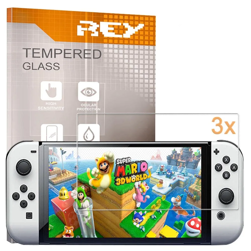 REY Pellicola salvaschermo in vetro temperato per Nintendo Switch OLED, Pack 3x - immagine 1