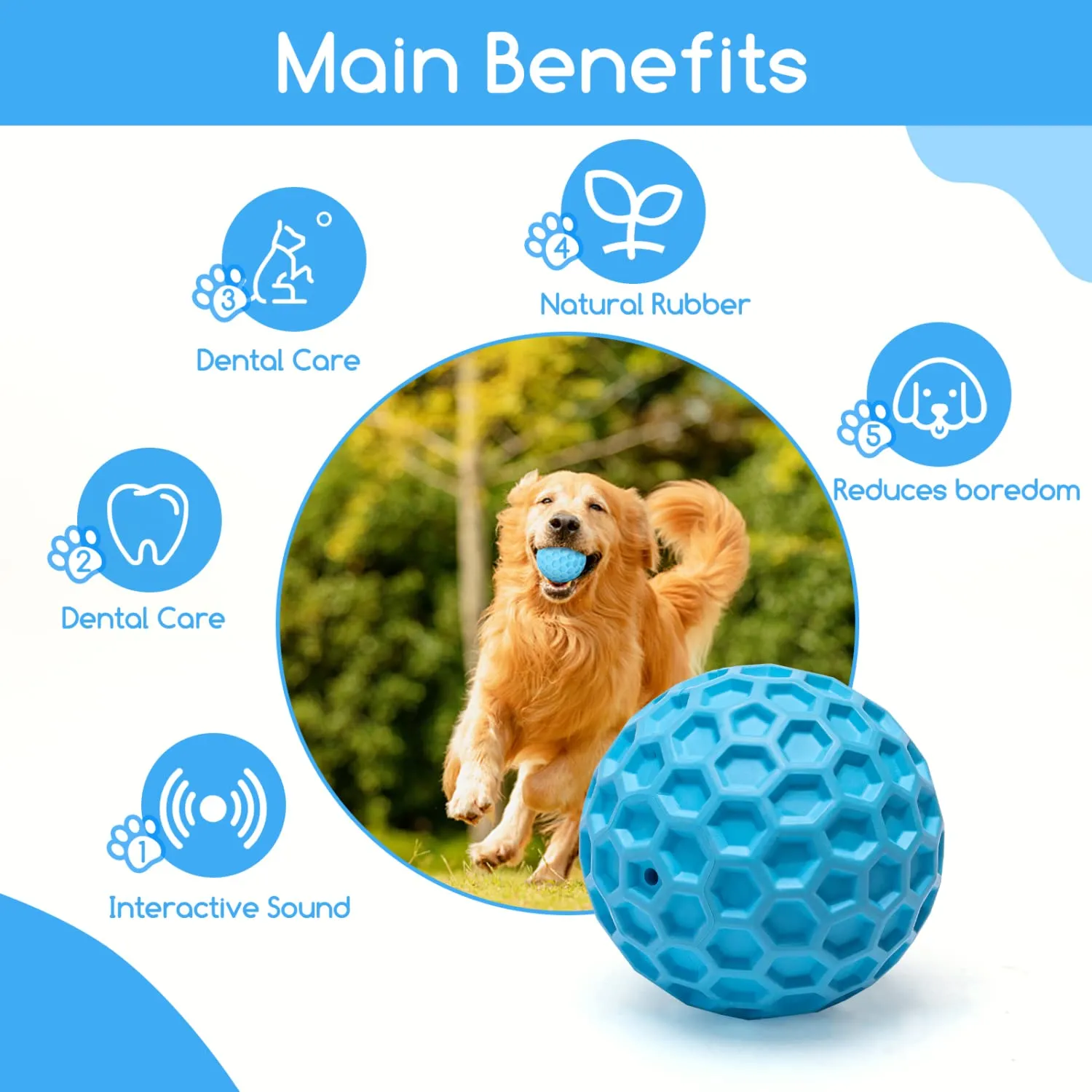 Nobleza Palla Giocattolo per Cani in Gomma Naturale con Squeak, Interattivo per Cani Medi e Grandi, Blu, Ø 5.5cm - immagine 5