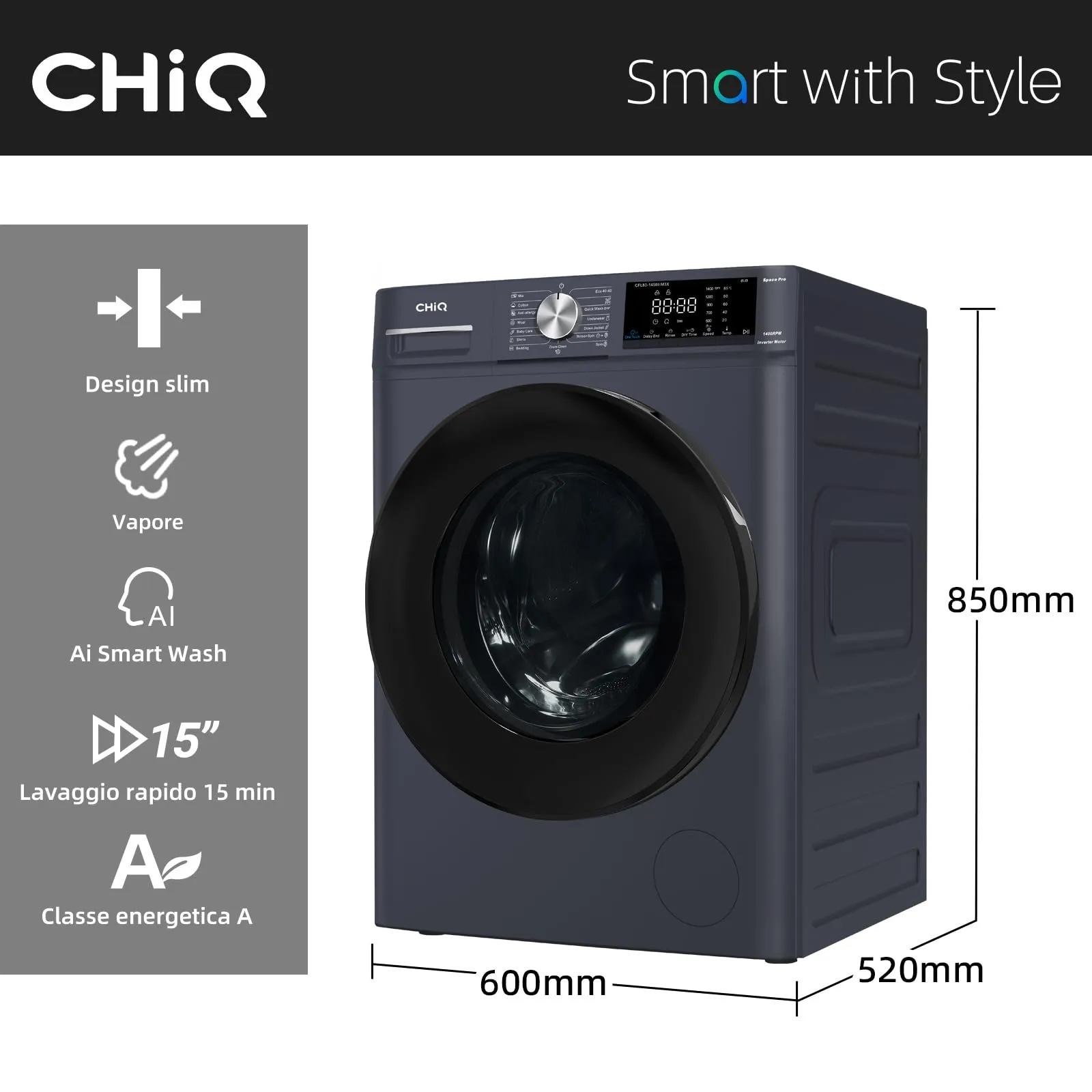 CHiQ Lavatrice 9kg Classe A Grigio CFL90-14586IM3XA - immagine 2