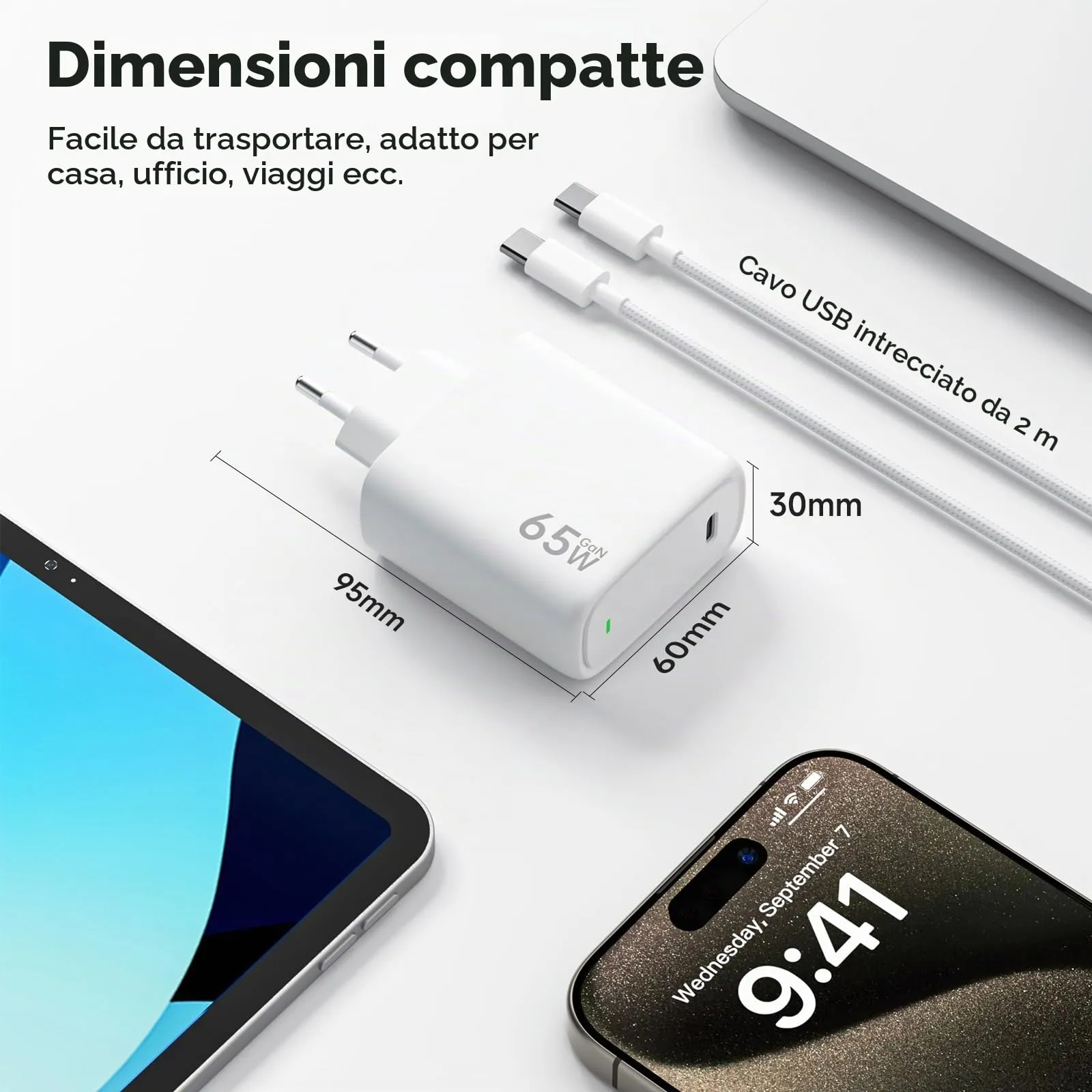 Kndaa Caricatore USB-C 65W GaN II PD3.0 PPS con Cavo Tipo C 2M - immagine 3