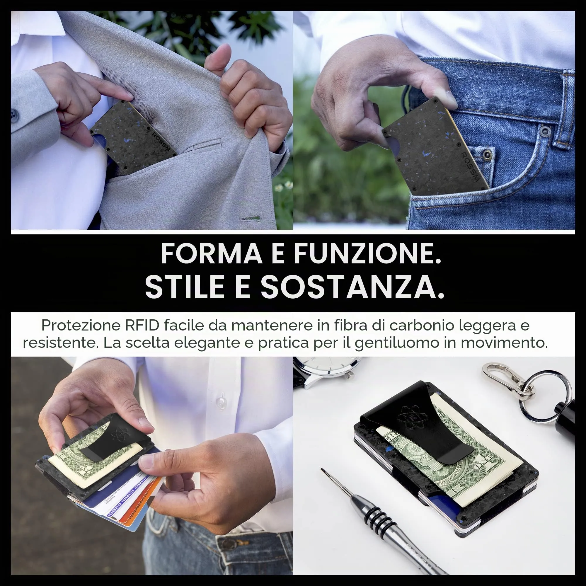 ROSSM Portafoglio Uomo Minimalista in Fibra di Carbonio e Metallo con Blocco RFID, Clip ed Elastico per Banconote - immagine 2