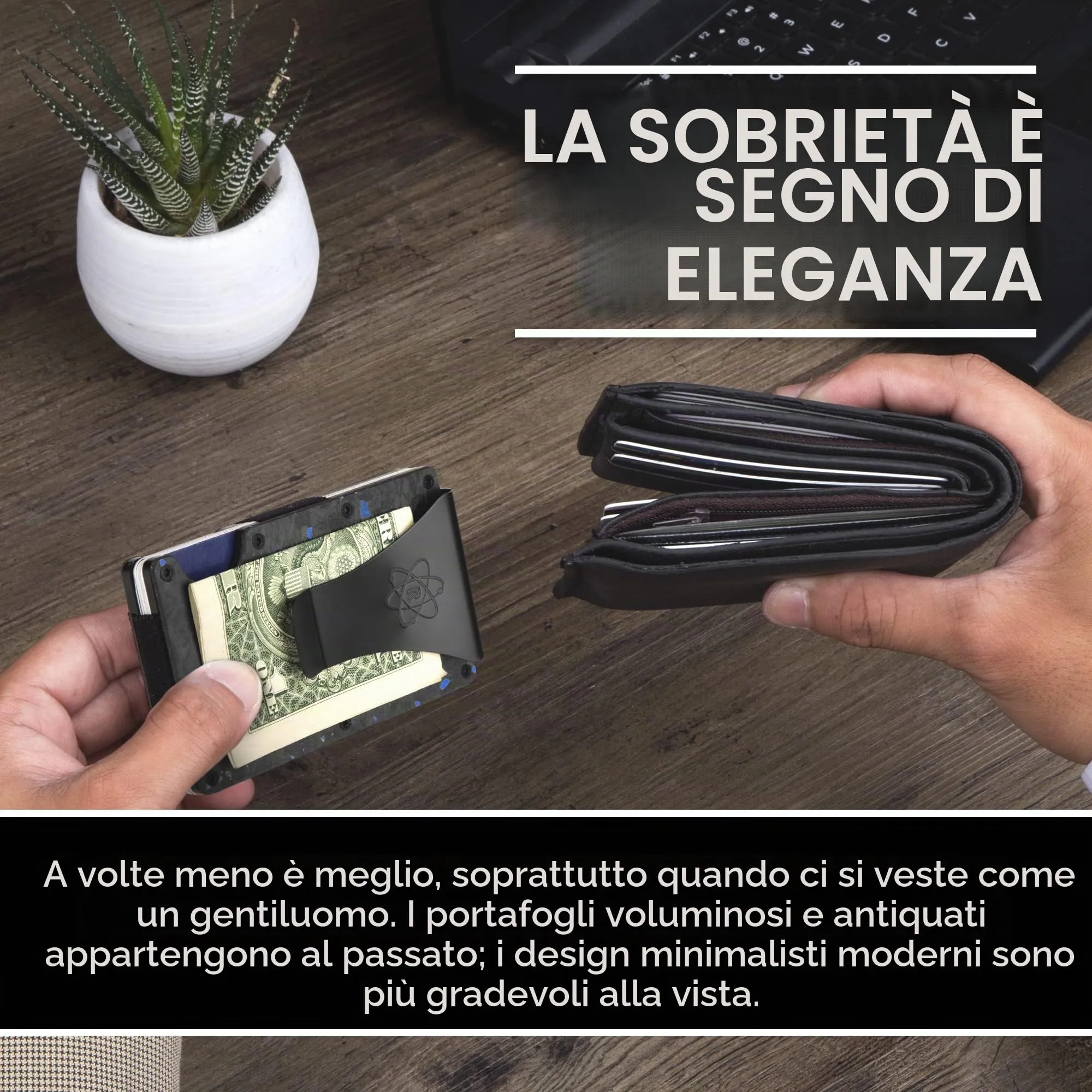 ROSSM Portafoglio Uomo Minimalista in Fibra di Carbonio e Metallo con Blocco RFID, Clip ed Elastico per Banconote - immagine 4