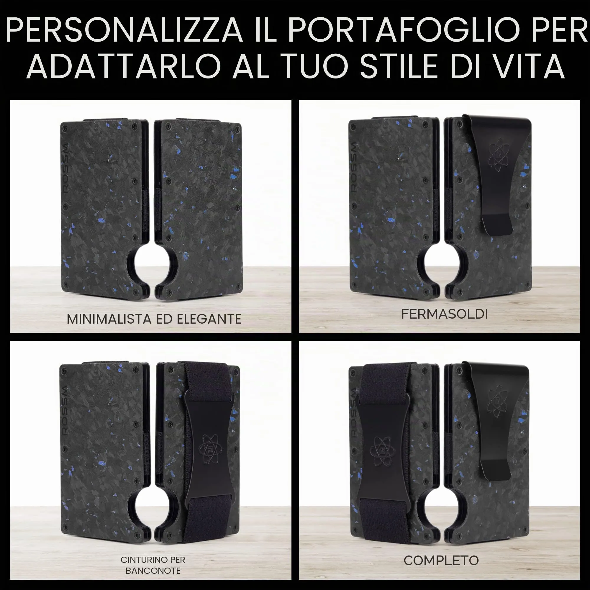 ROSSM Portafoglio Uomo Minimalista in Fibra di Carbonio e Metallo con Blocco RFID, Clip ed Elastico per Banconote - immagine 5