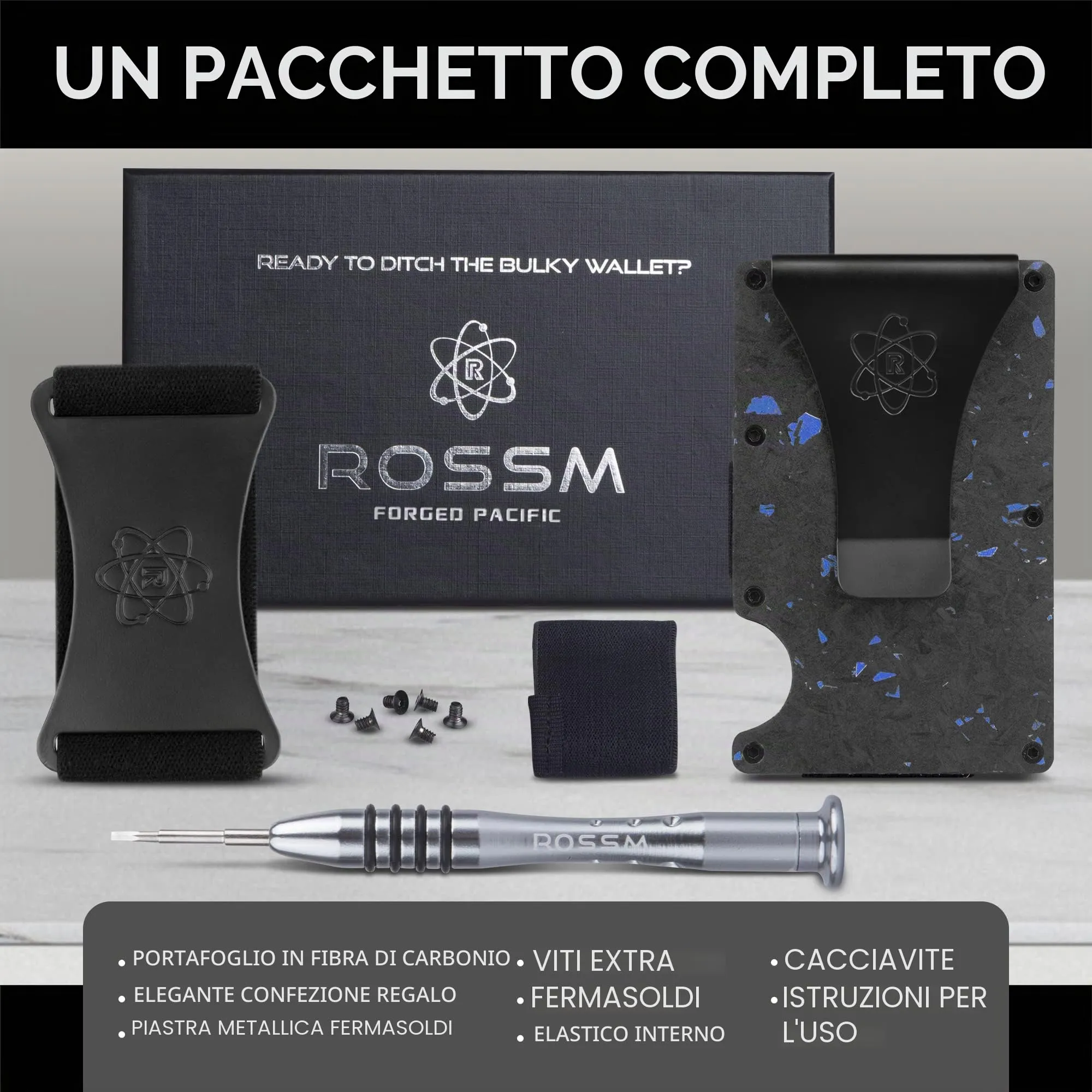 ROSSM Portafoglio Uomo Minimalista in Fibra di Carbonio e Metallo con Blocco RFID, Clip ed Elastico per Banconote - immagine 6