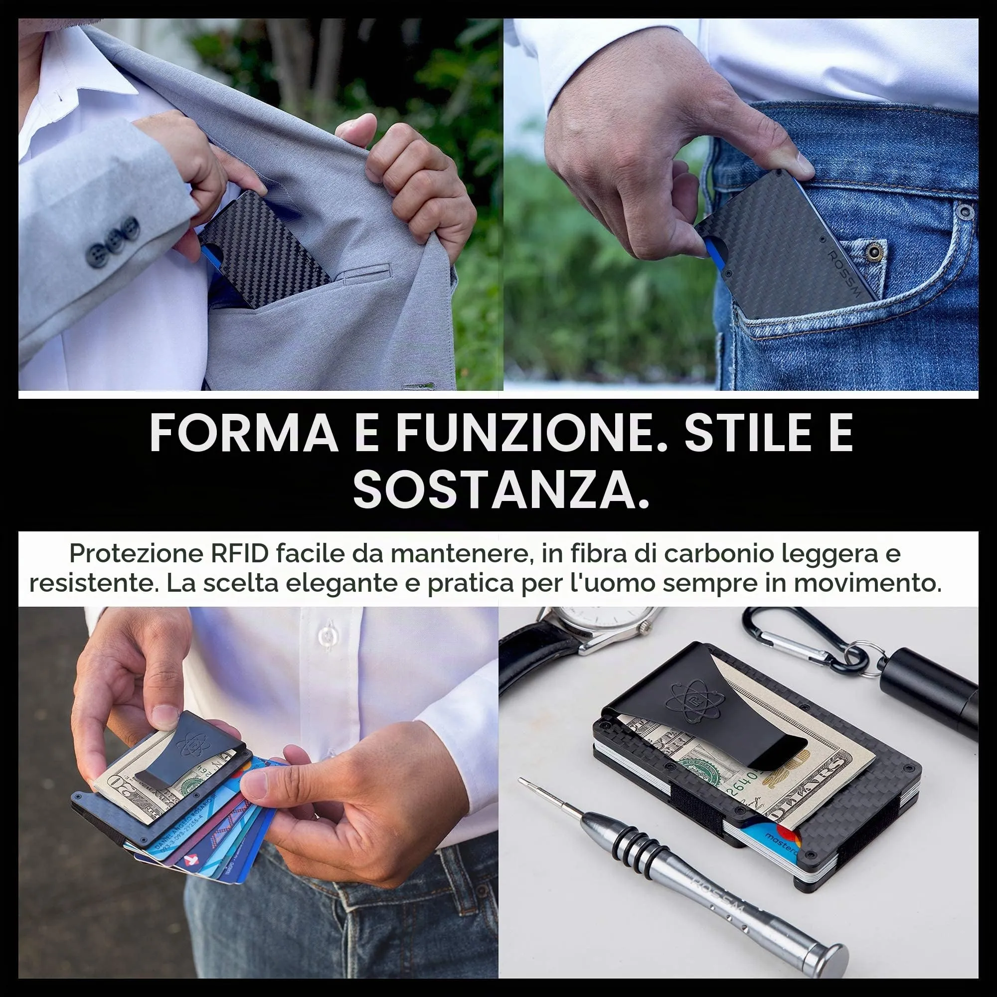 ROSSM Portafoglio Uomo con Blocco RFID in Fibra di Carbonio e Metallo, Porta Carte di Credito Minimalista con Clip ed Elastico per Banconote - immagine 2