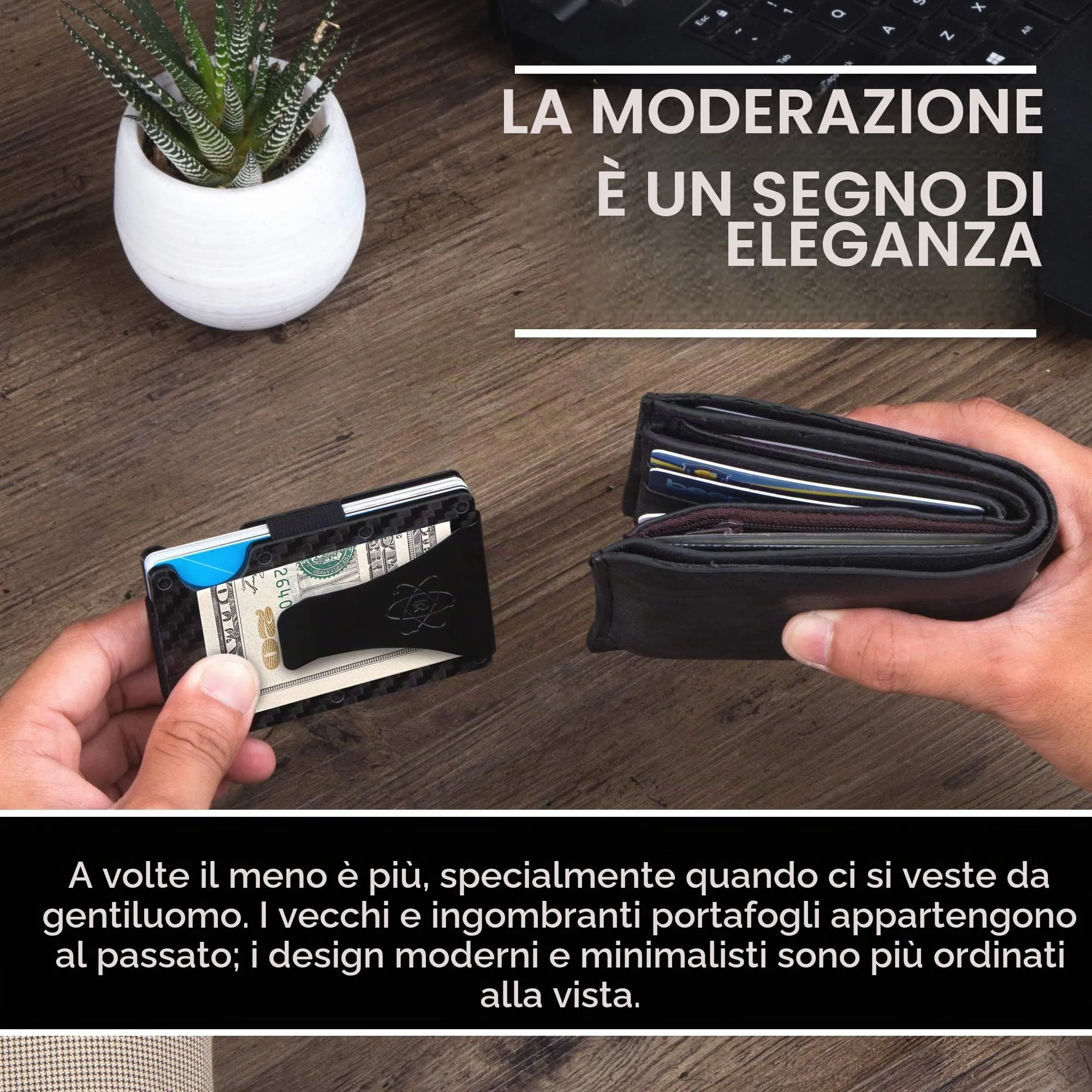 ROSSM Portafoglio Uomo con Blocco RFID in Fibra di Carbonio e Metallo, Porta Carte di Credito Minimalista con Clip ed Elastico per Banconote - immagine 3