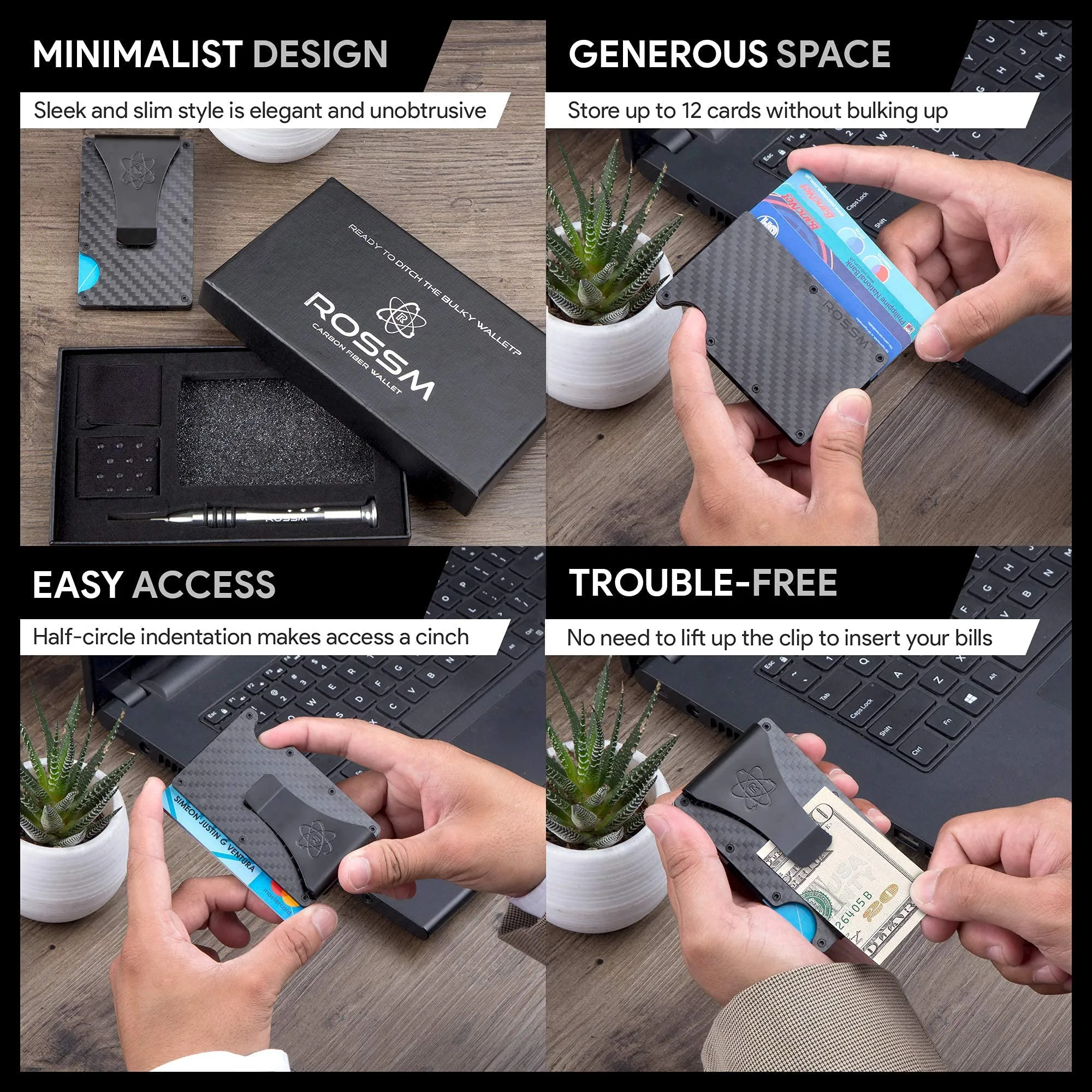 ROSSM Portafoglio Uomo con Blocco RFID in Fibra di Carbonio e Metallo, Porta Carte di Credito Minimalista con Clip ed Elastico per Banconote - immagine 4