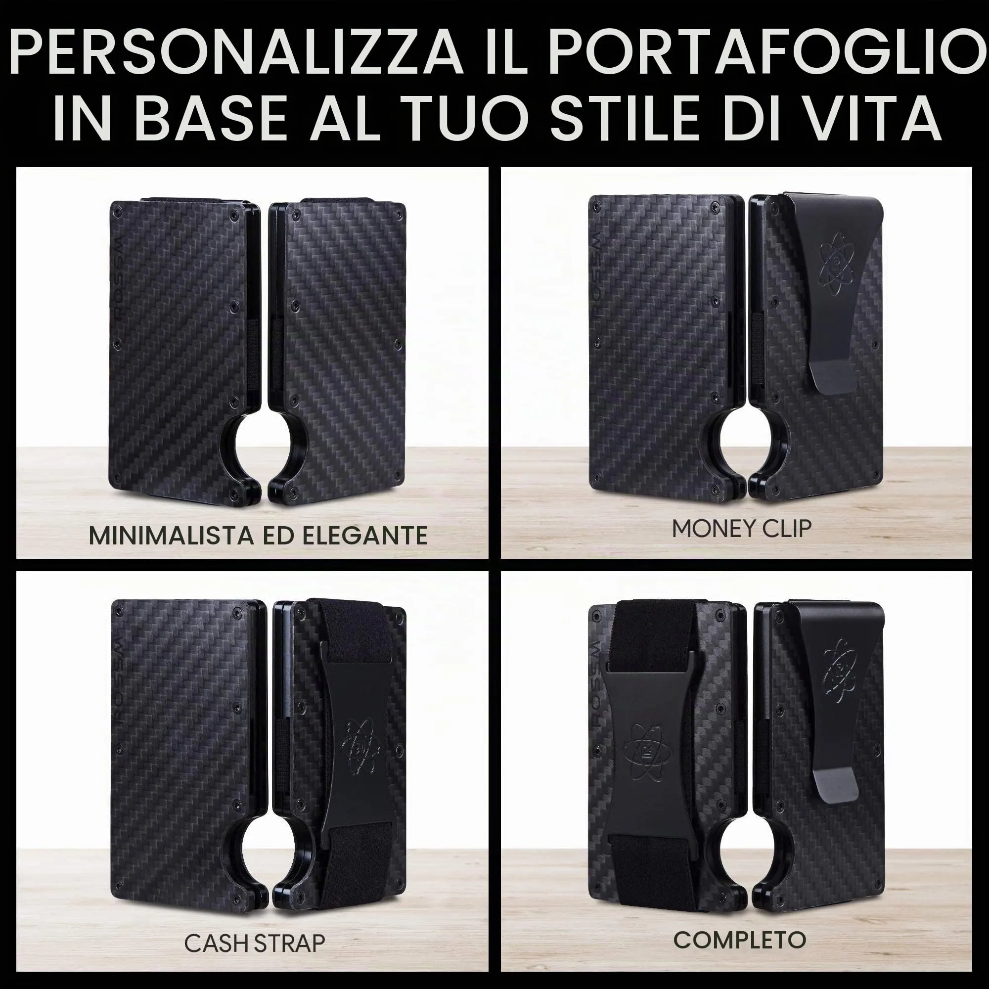 ROSSM Portafoglio Uomo con Blocco RFID in Fibra di Carbonio e Metallo, Porta Carte di Credito Minimalista con Clip ed Elastico per Banconote - immagine 5