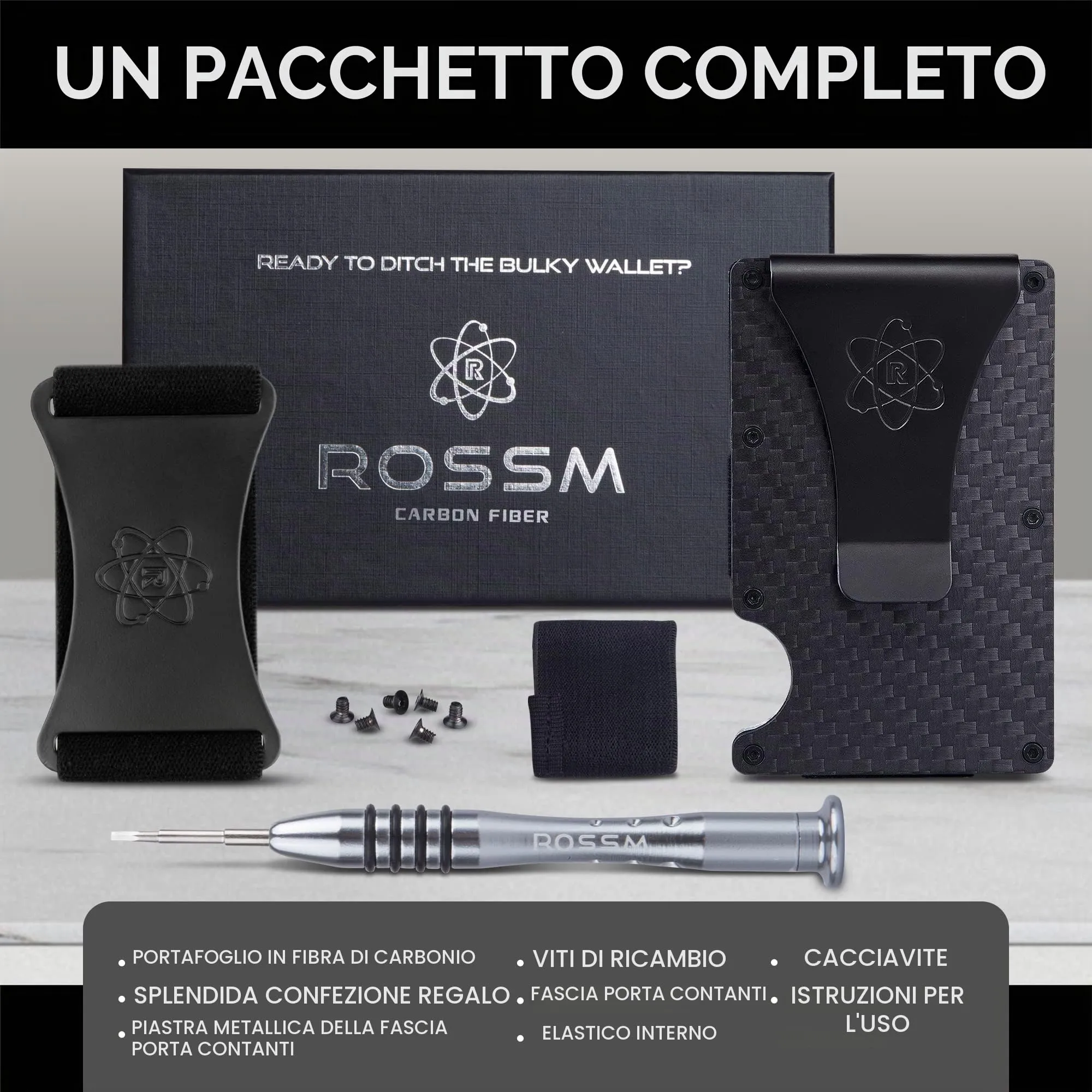 ROSSM Portafoglio Uomo con Blocco RFID in Fibra di Carbonio e Metallo, Porta Carte di Credito Minimalista con Clip ed Elastico per Banconote - immagine 6