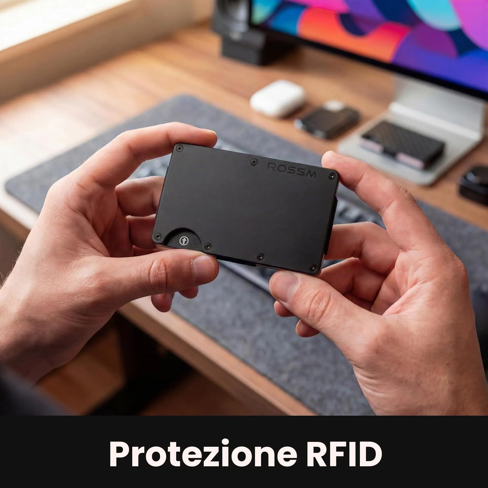 ROSSM Portafoglio Uomo con Blocco RFID, Portacarte Minimalista in Fibra di Carbonio e Metallo con Clip ed Elastico per Banconote - immagine 3