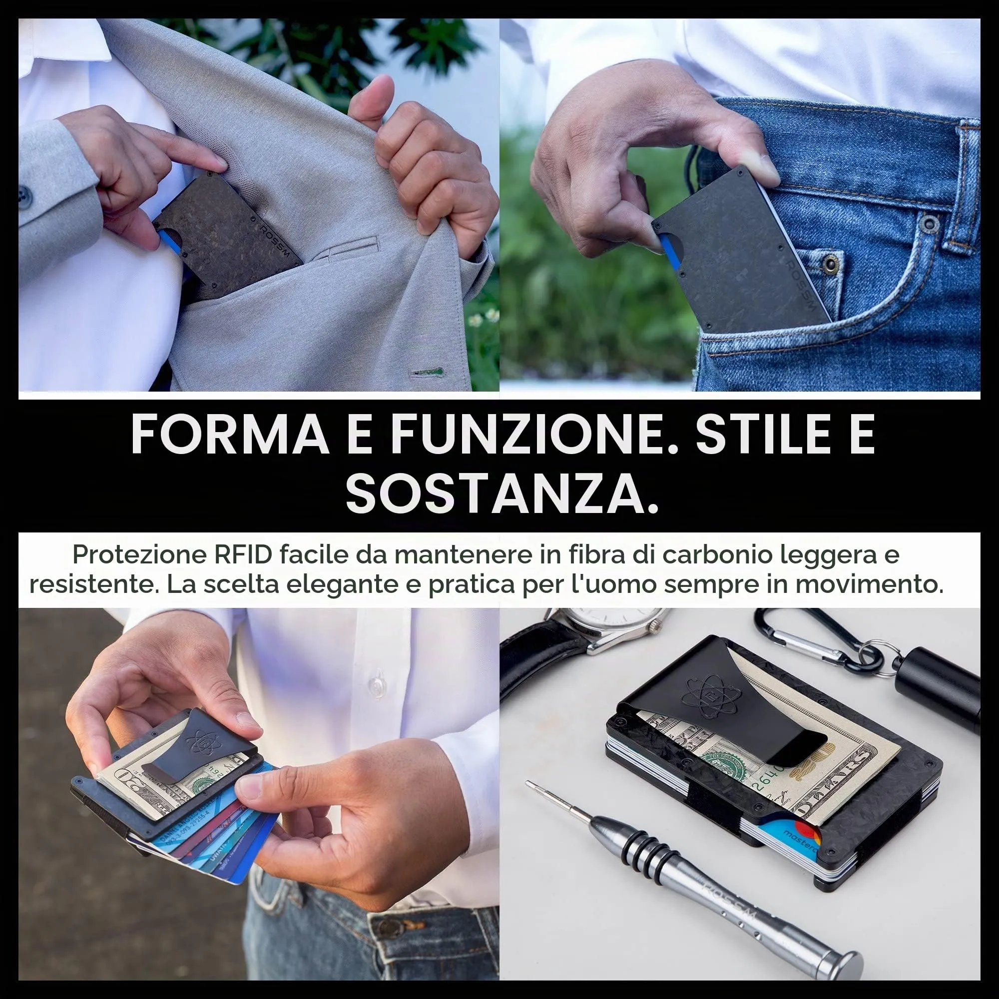 ROSSM Portafoglio Uomo con Blocco RFID, Portacarte Minimalista in Fibra di Carbonio e Metallo con Clip ed Elastico per Banconote - immagine 2