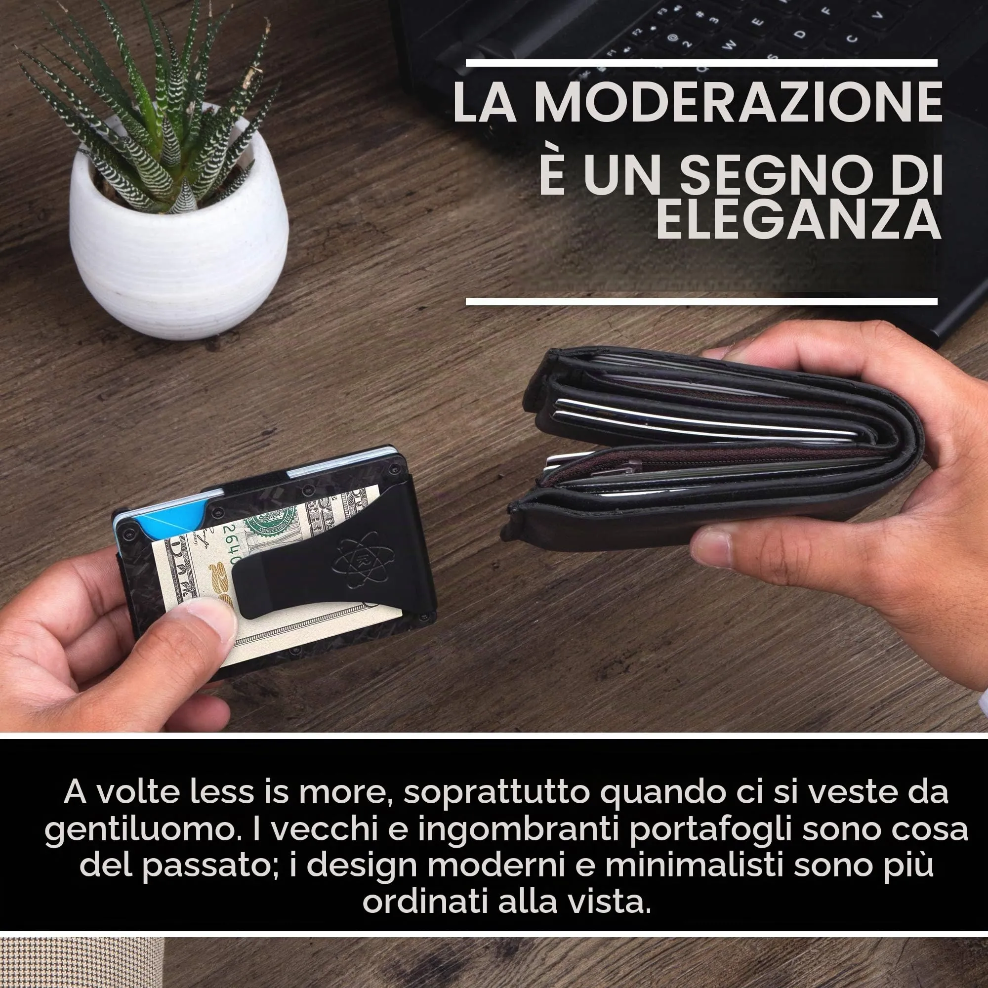 ROSSM Portafoglio Uomo con Blocco RFID, Portacarte Minimalista in Fibra di Carbonio e Metallo con Clip ed Elastico per Banconote - immagine 3