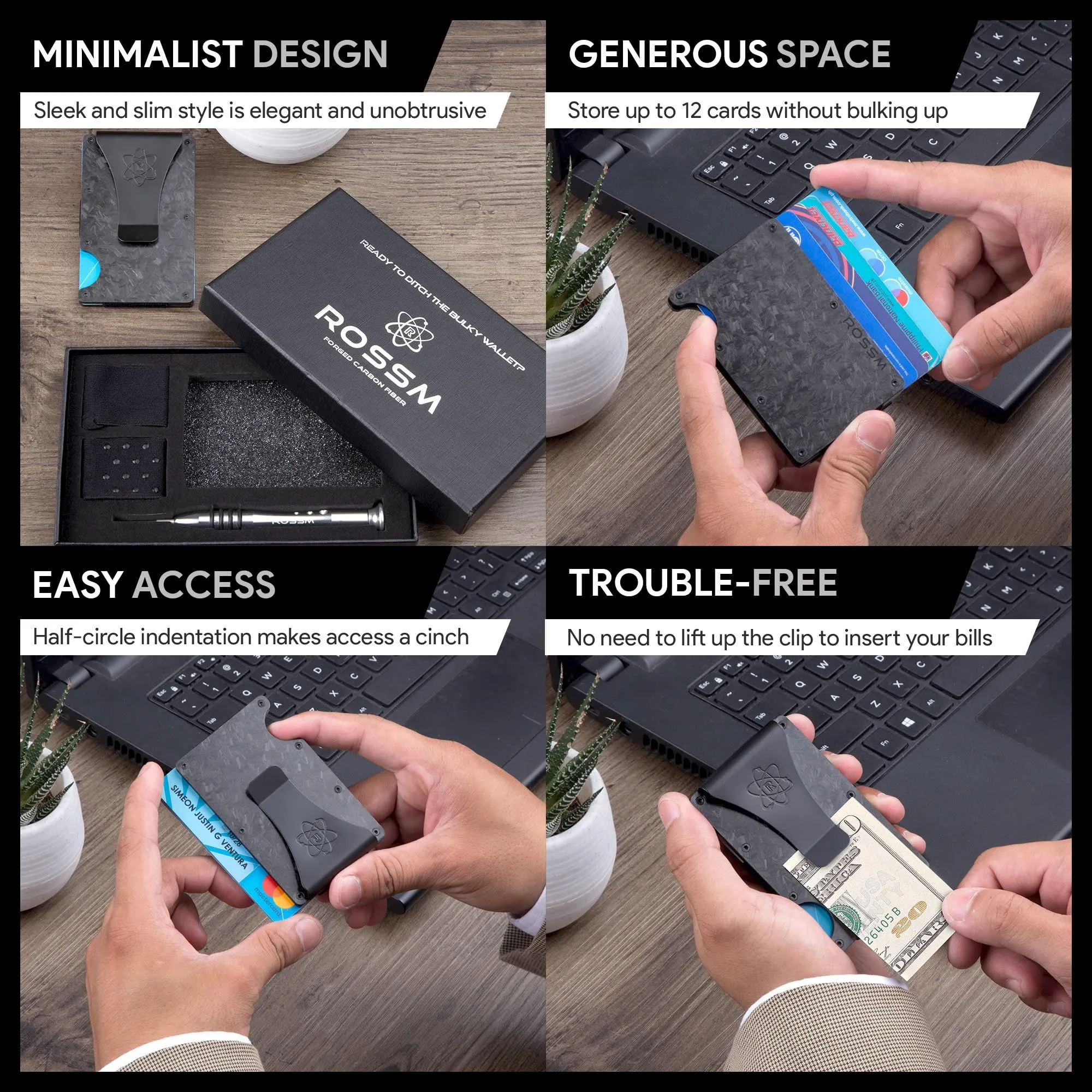 ROSSM Portafoglio Uomo con Blocco RFID, Portacarte Minimalista in Fibra di Carbonio e Metallo con Clip ed Elastico per Banconote - immagine 4